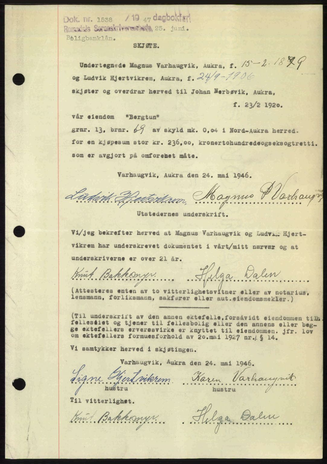 Romsdal sorenskriveri, AV/SAT-A-4149/1/2/2C: Mortgage book no. A23, 1947-1947, Diary no: : 1538/1947