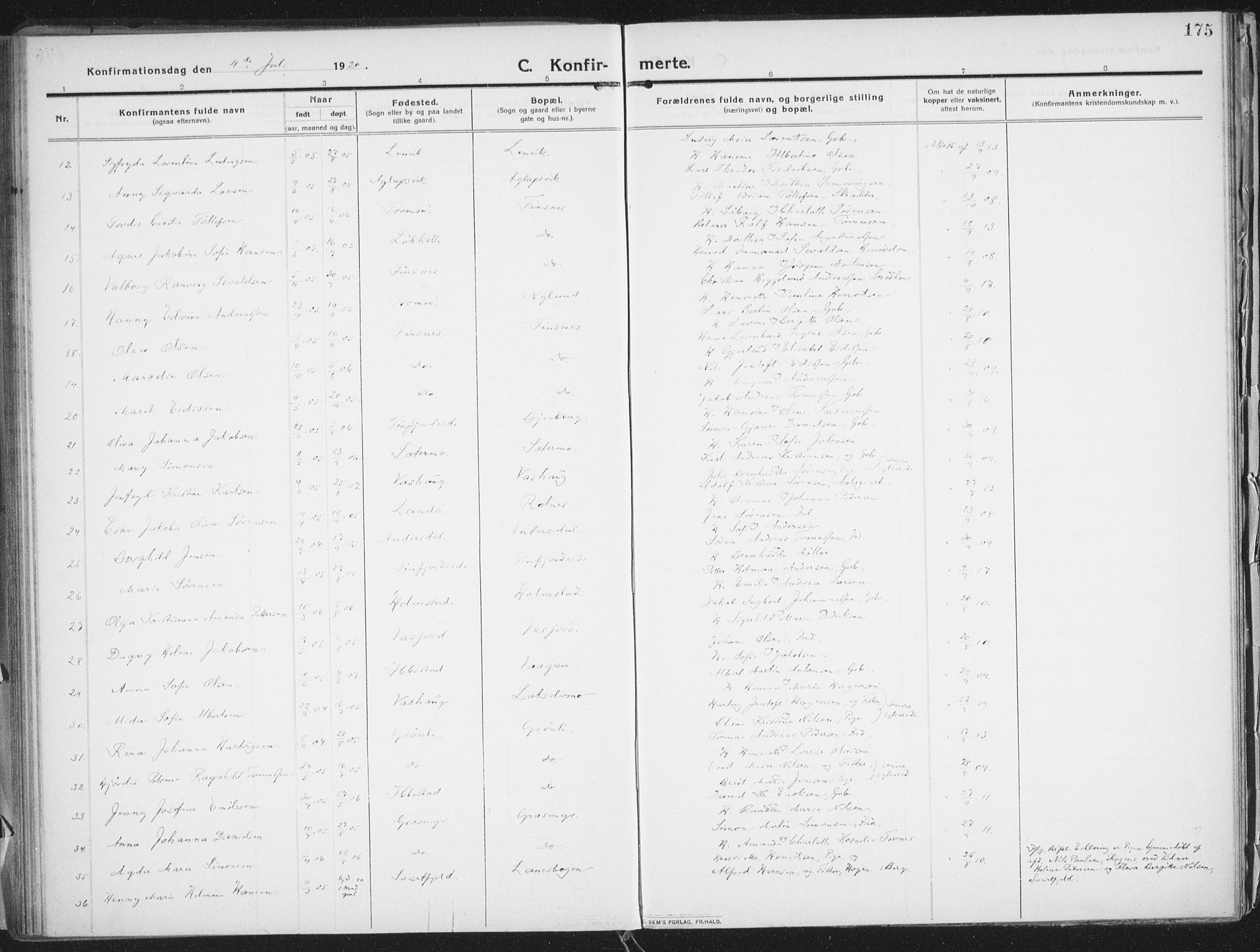 Lenvik sokneprestembete, SATØ/S-1310/H/Ha/Haa/L0016kirke: Parish register (official) no. 16, 1910-1924, p. 175