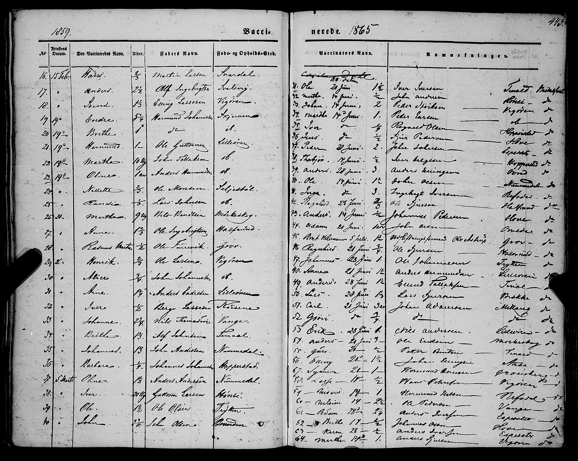 Vik sokneprestembete, SAB/A-81501: Parish register (official) no. A 8, 1846-1865, p. 443