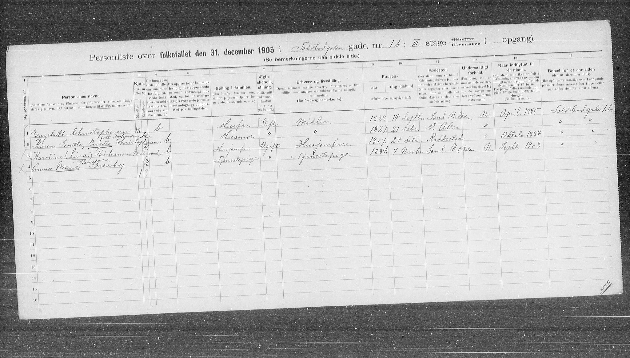 OBA, Municipal Census 1905 for Kristiania, 1905, p. 59219