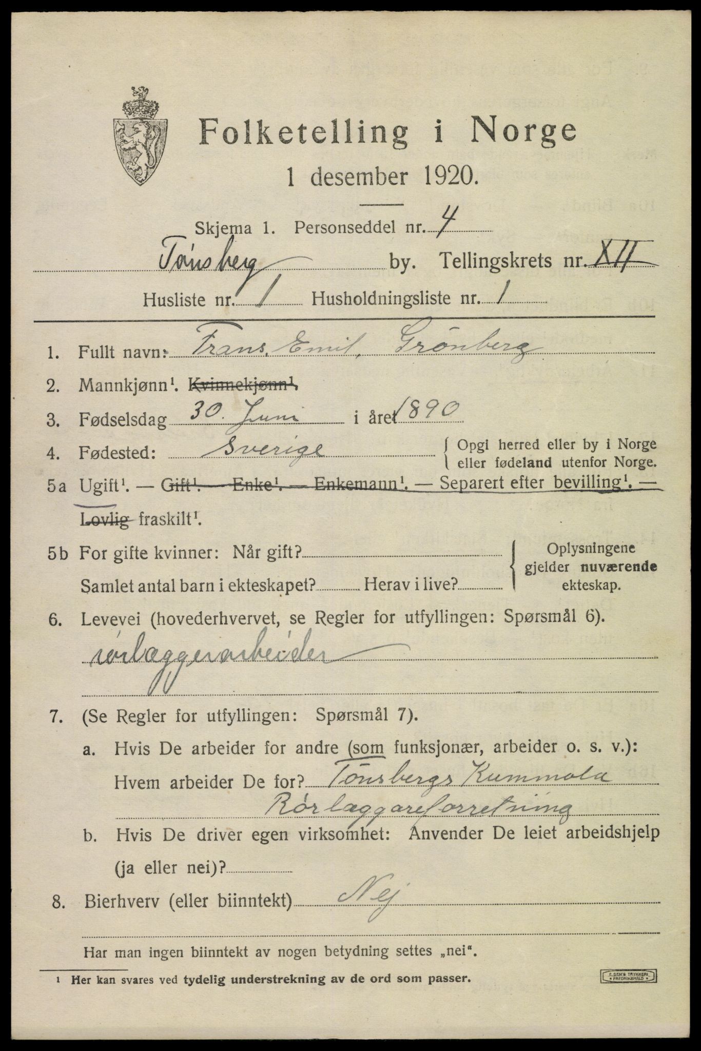 SAKO, 1920 census for Tønsberg, 1920, p. 19971