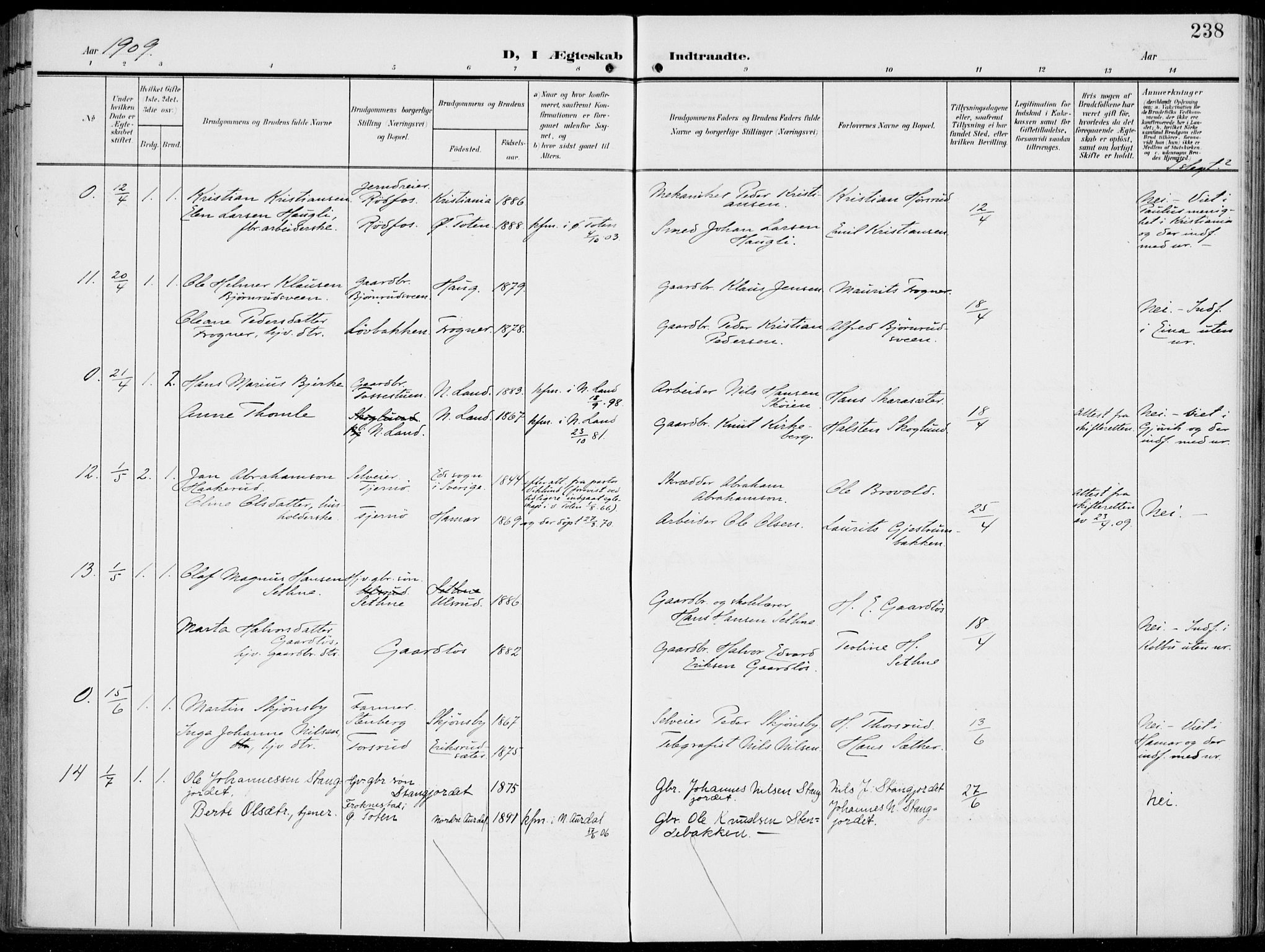 Vestre Toten prestekontor, AV/SAH-PREST-108/H/Ha/Haa/L0014: Parish register (official) no. 14, 1907-1920, p. 238