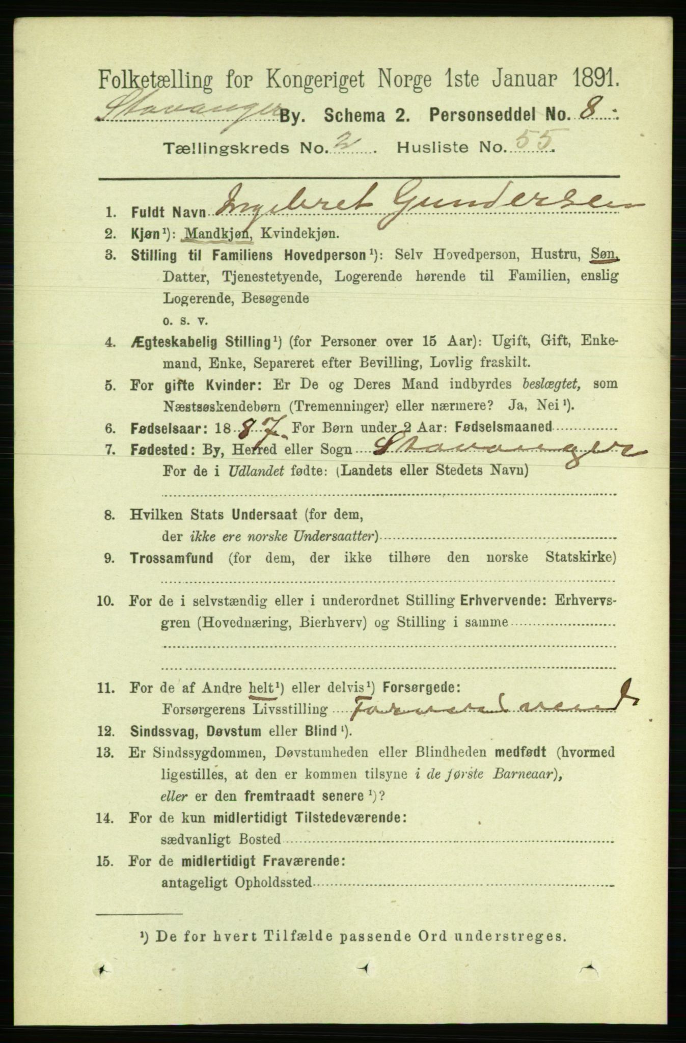 RA, 1891 census for 1103 Stavanger, 1891, p. 6383