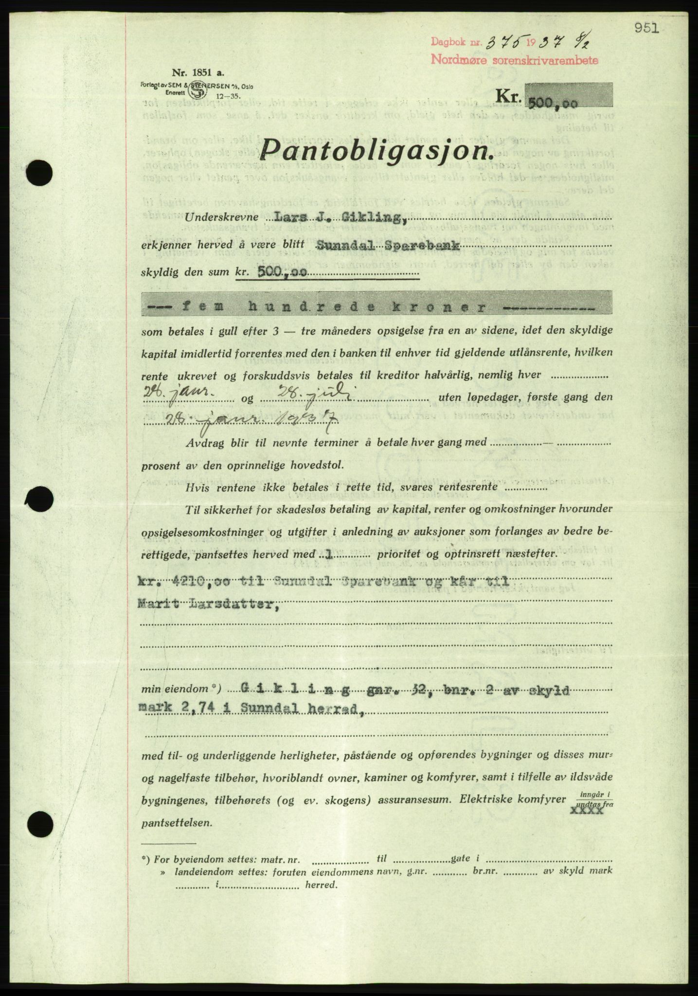 Nordmøre sorenskriveri, AV/SAT-A-4132/1/2/2Ca/L0090: Mortgage book no. B80, 1936-1937, Diary no: : 375/1937