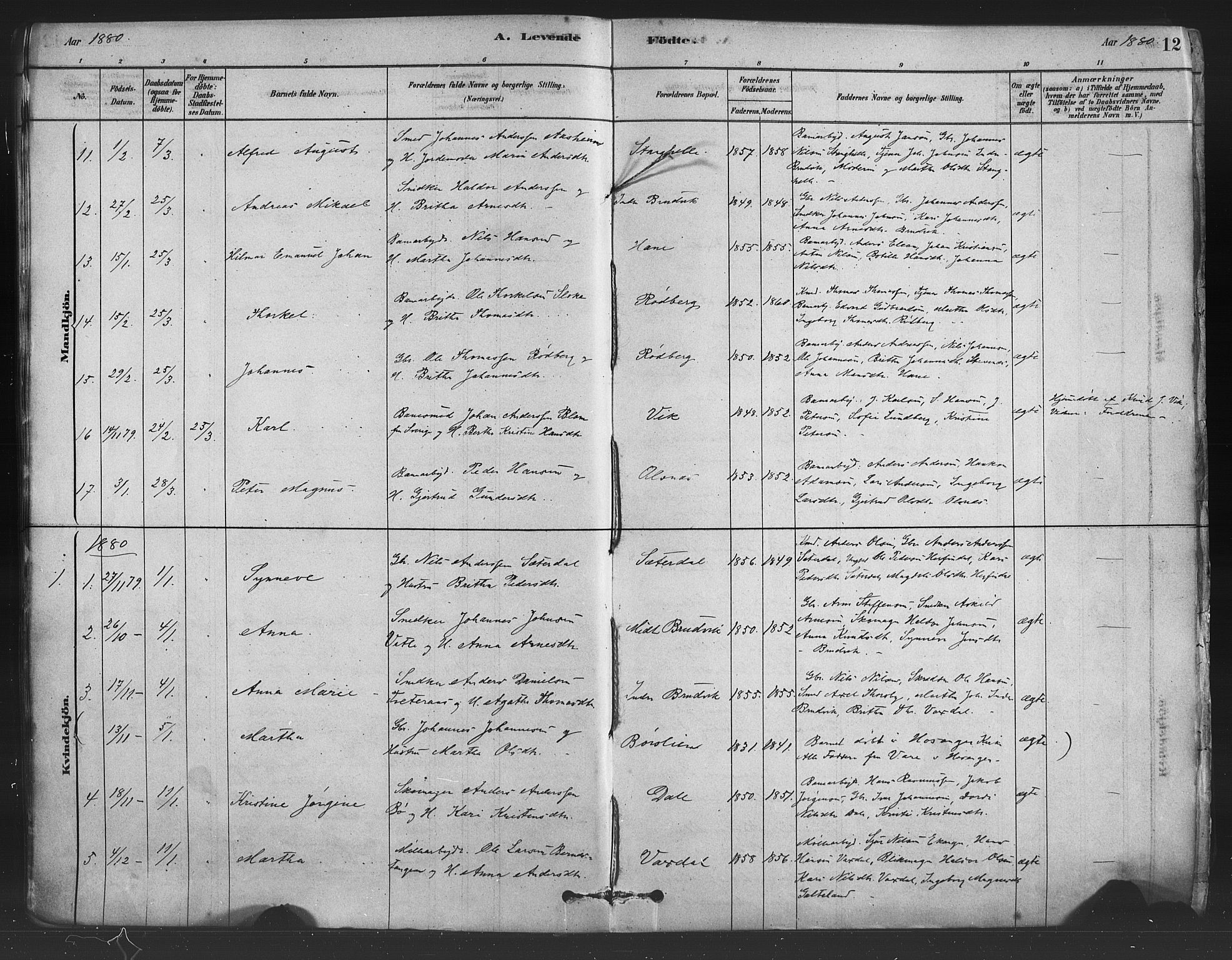 Bruvik Sokneprestembete, AV/SAB-A-74701/H/Haa: Parish register (official) no. B 1, 1878-1904, p. 12