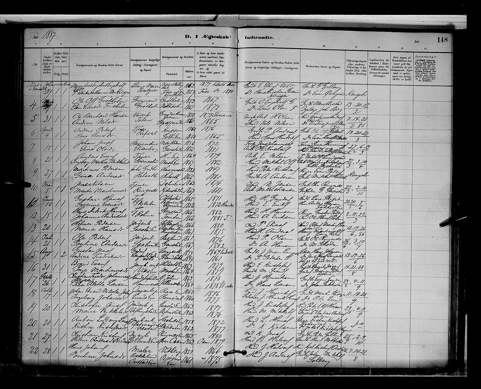 Stange prestekontor, AV/SAH-PREST-002/L/L0009: Parish register (copy) no. 9, 1883-1899, p. 148