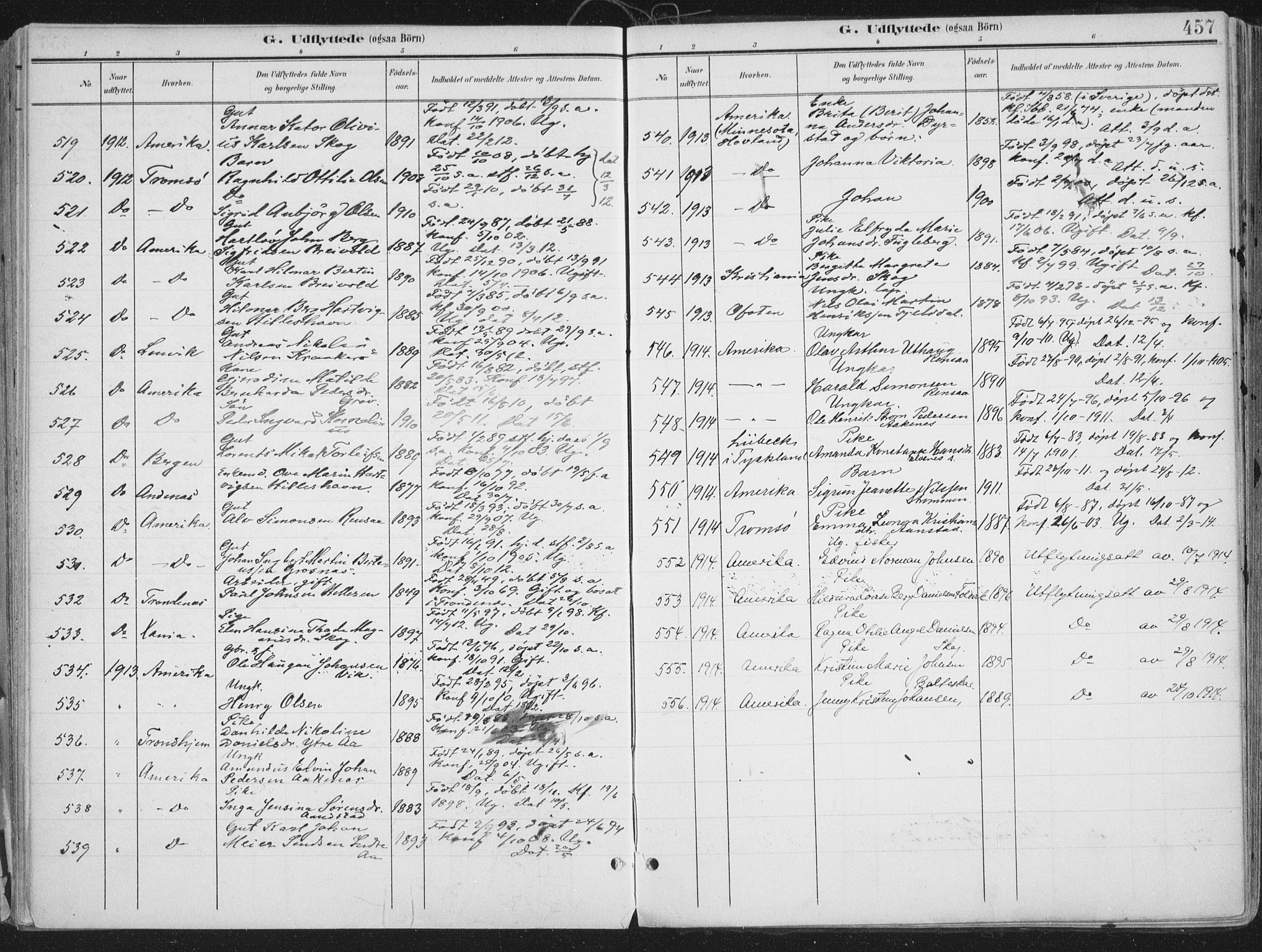 Ibestad sokneprestembete, SATØ/S-0077/H/Ha/Haa/L0017kirke: Parish register (official) no. 17, 1901-1914, p. 457