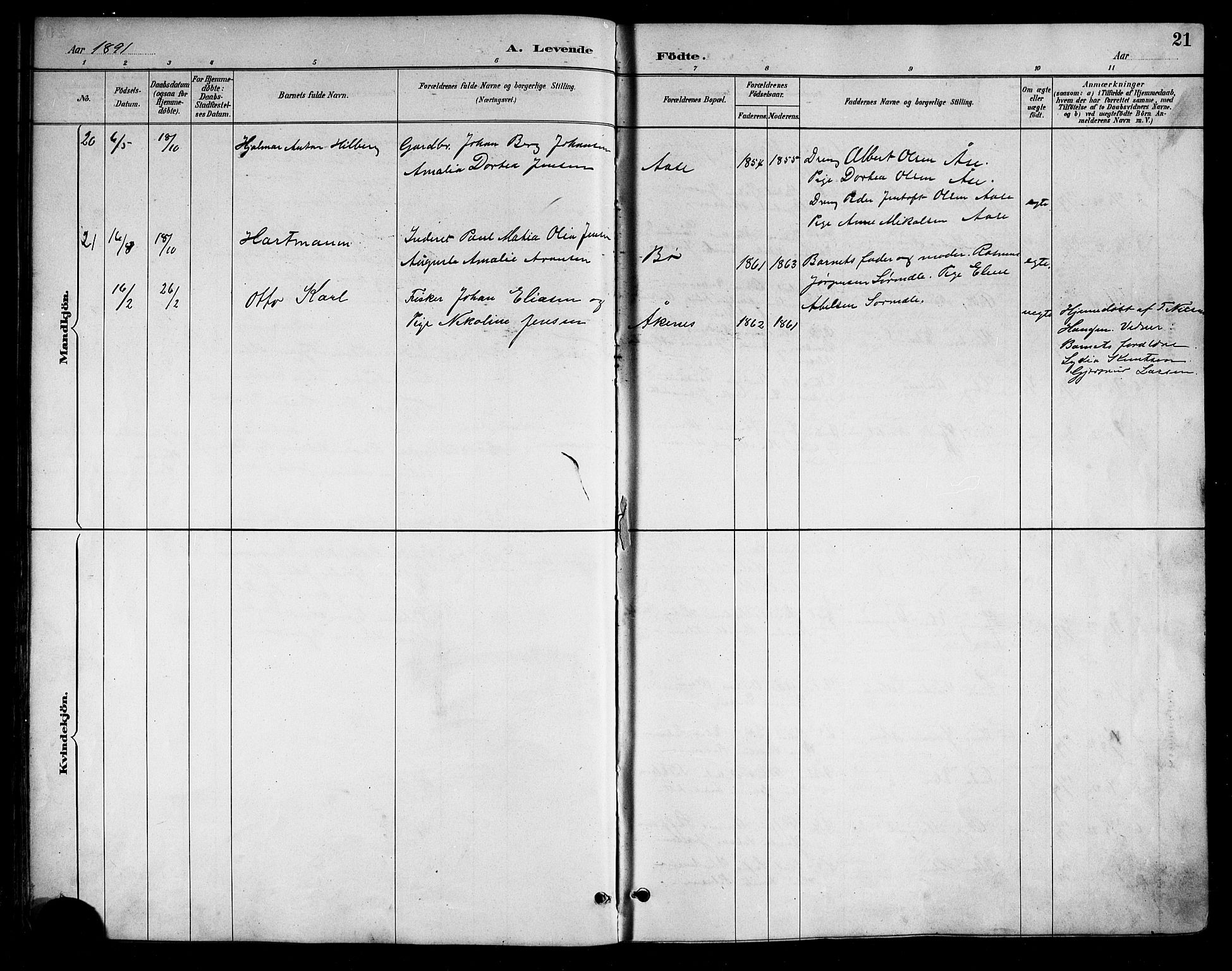 Ministerialprotokoller, klokkerbøker og fødselsregistre - Nordland, AV/SAT-A-1459/898/L1427: Parish register (copy) no. 898C02, 1887-1917, p. 21