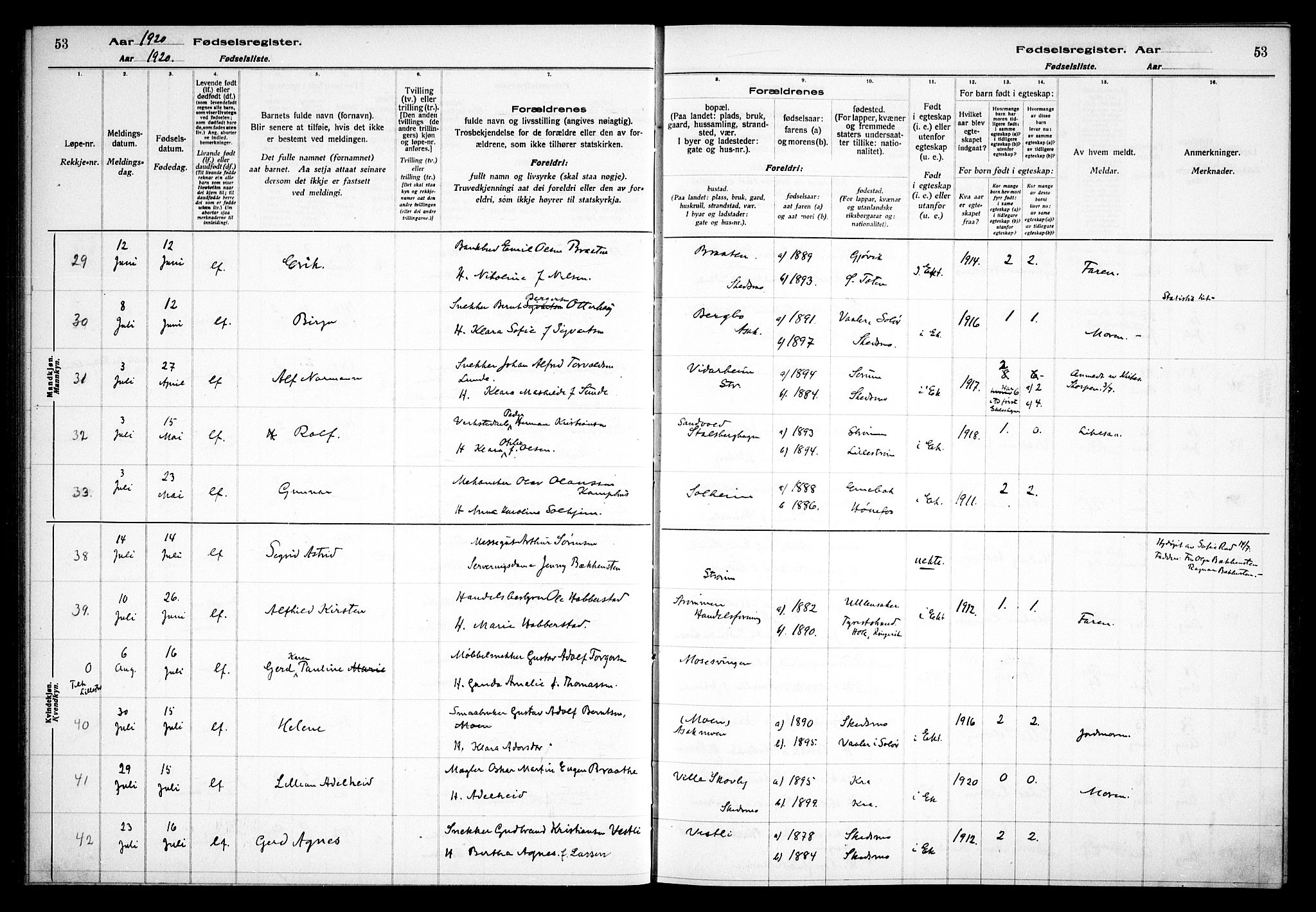 Skedsmo prestekontor Kirkebøker, SAO/A-10033a/J/Ja/L0001: Birth register no. I 1, 1916-1931, p. 53