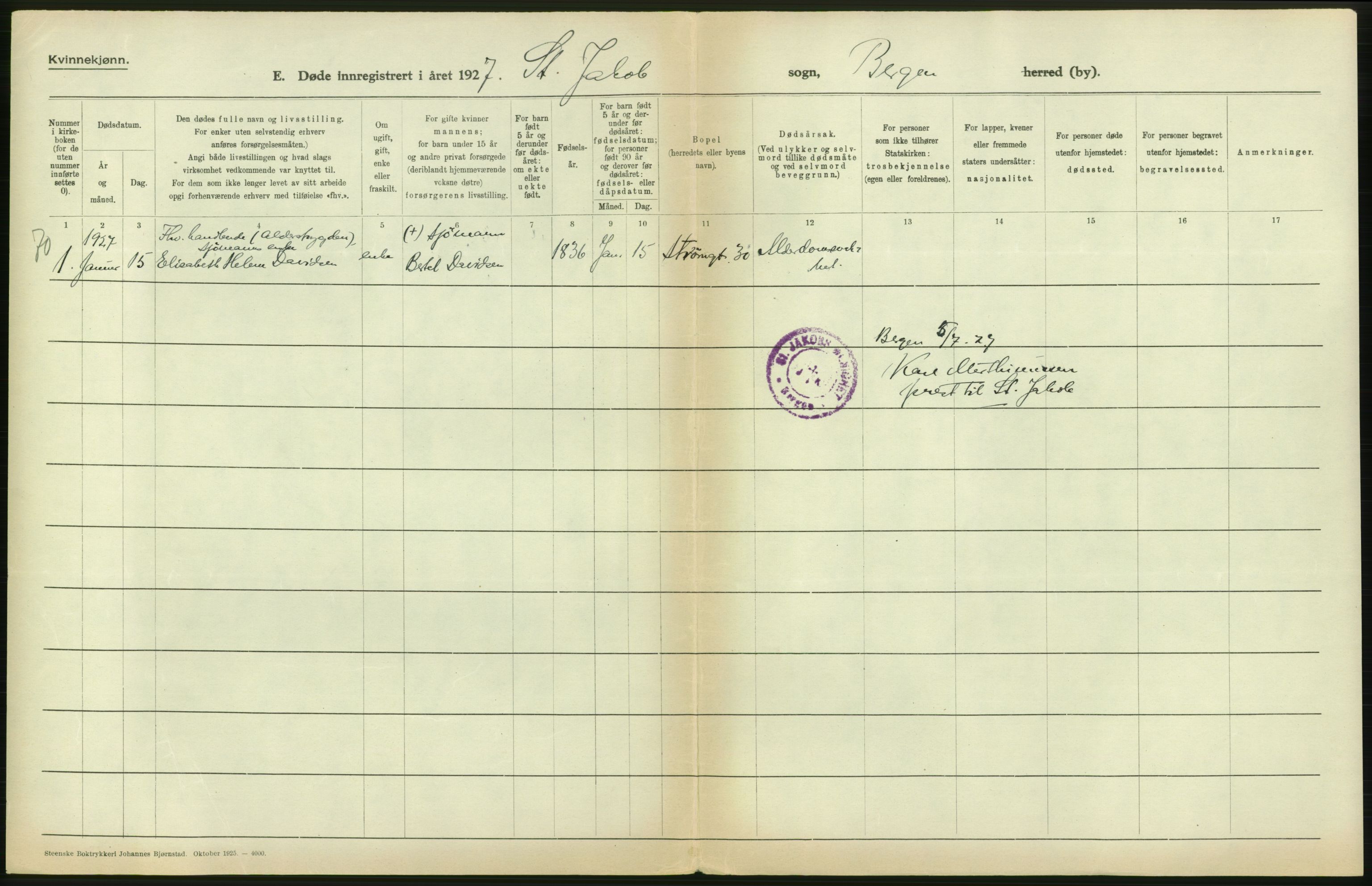 Statistisk sentralbyrå, Sosiodemografiske emner, Befolkning, AV/RA-S-2228/D/Df/Dfc/Dfcg/L0028: Bergen: Gifte, døde., 1927, p. 478