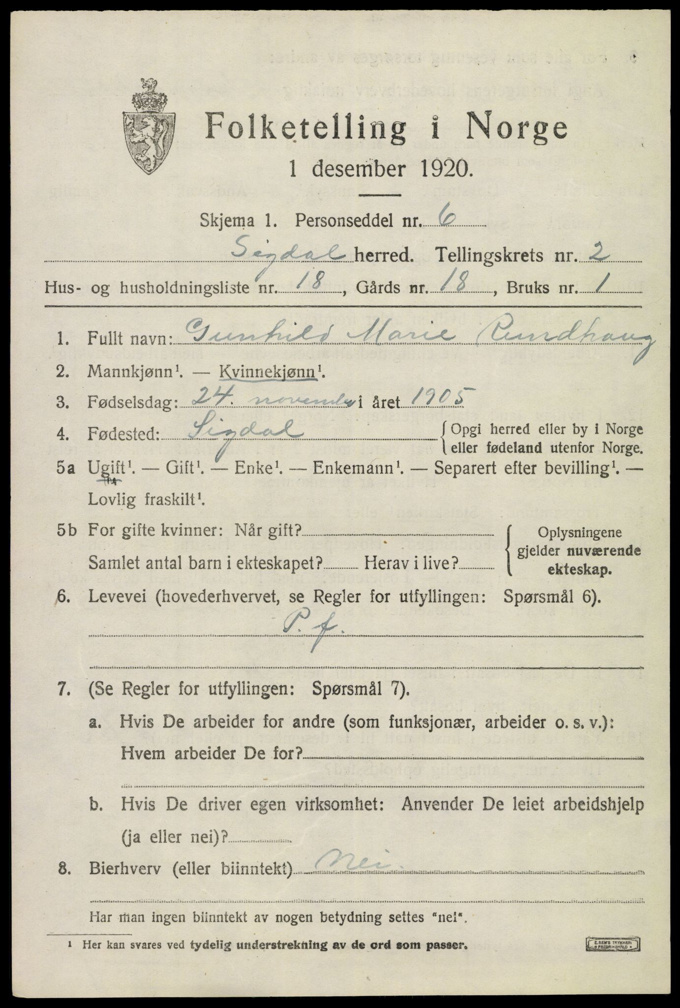 SAKO, 1920 census for Sigdal, 1920, p. 2222