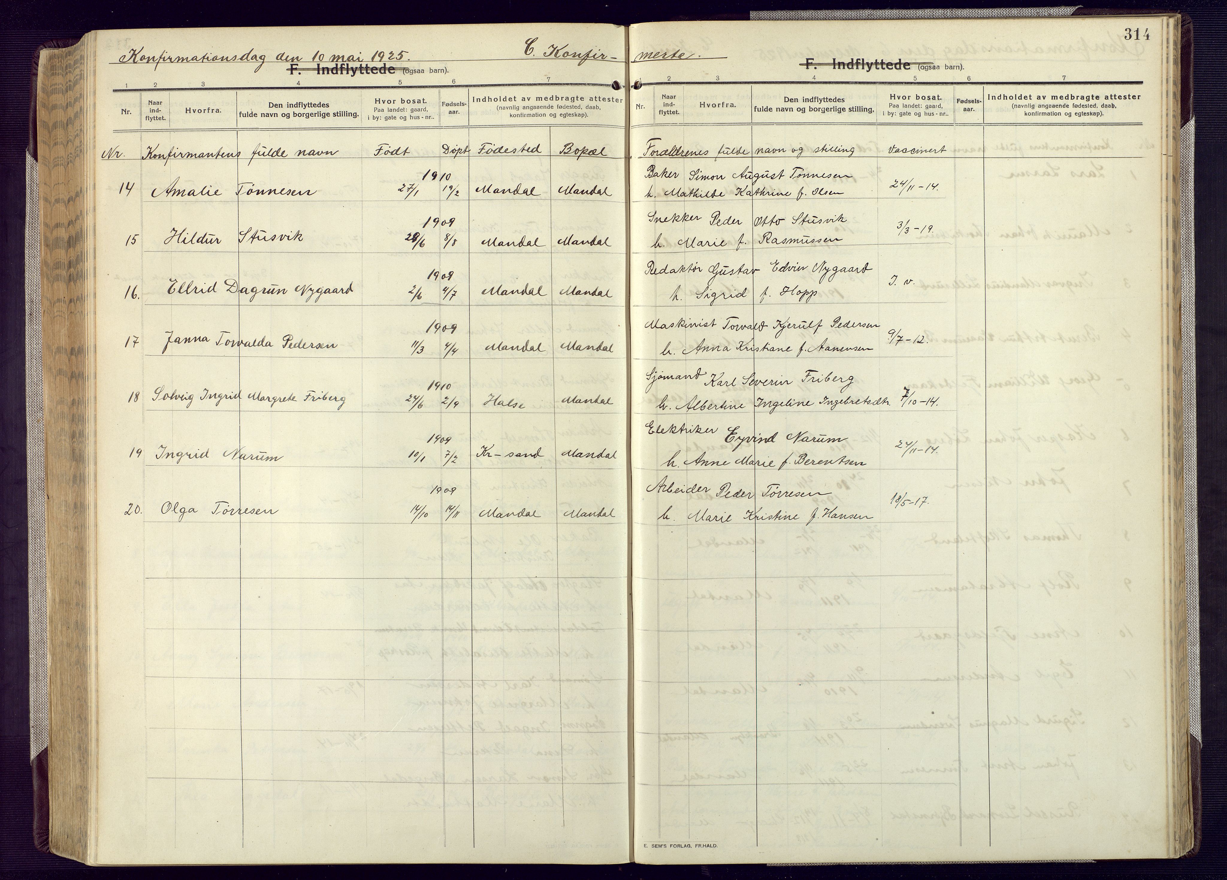 Mandal sokneprestkontor, AV/SAK-1111-0030/F/Fa/Fac/L0001: Parish register (official) no. A 1, 1913-1925, p. 314