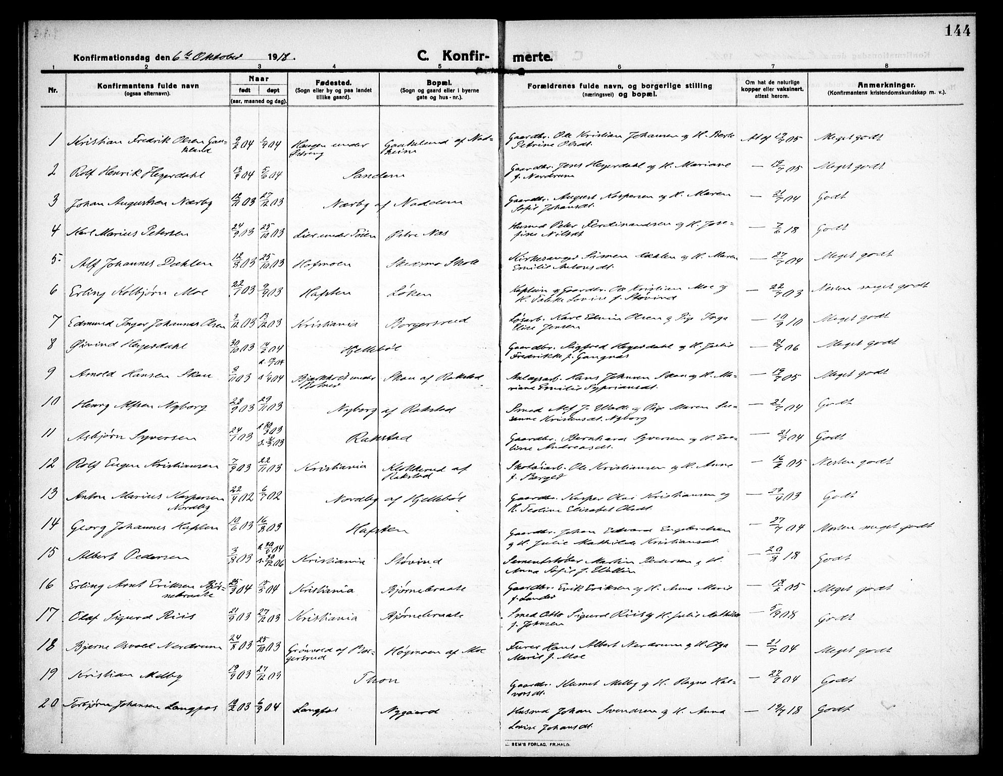 Høland prestekontor Kirkebøker, SAO/A-10346a/F/Fa/L0016: Parish register (official) no. I 16, 1912-1921, p. 144