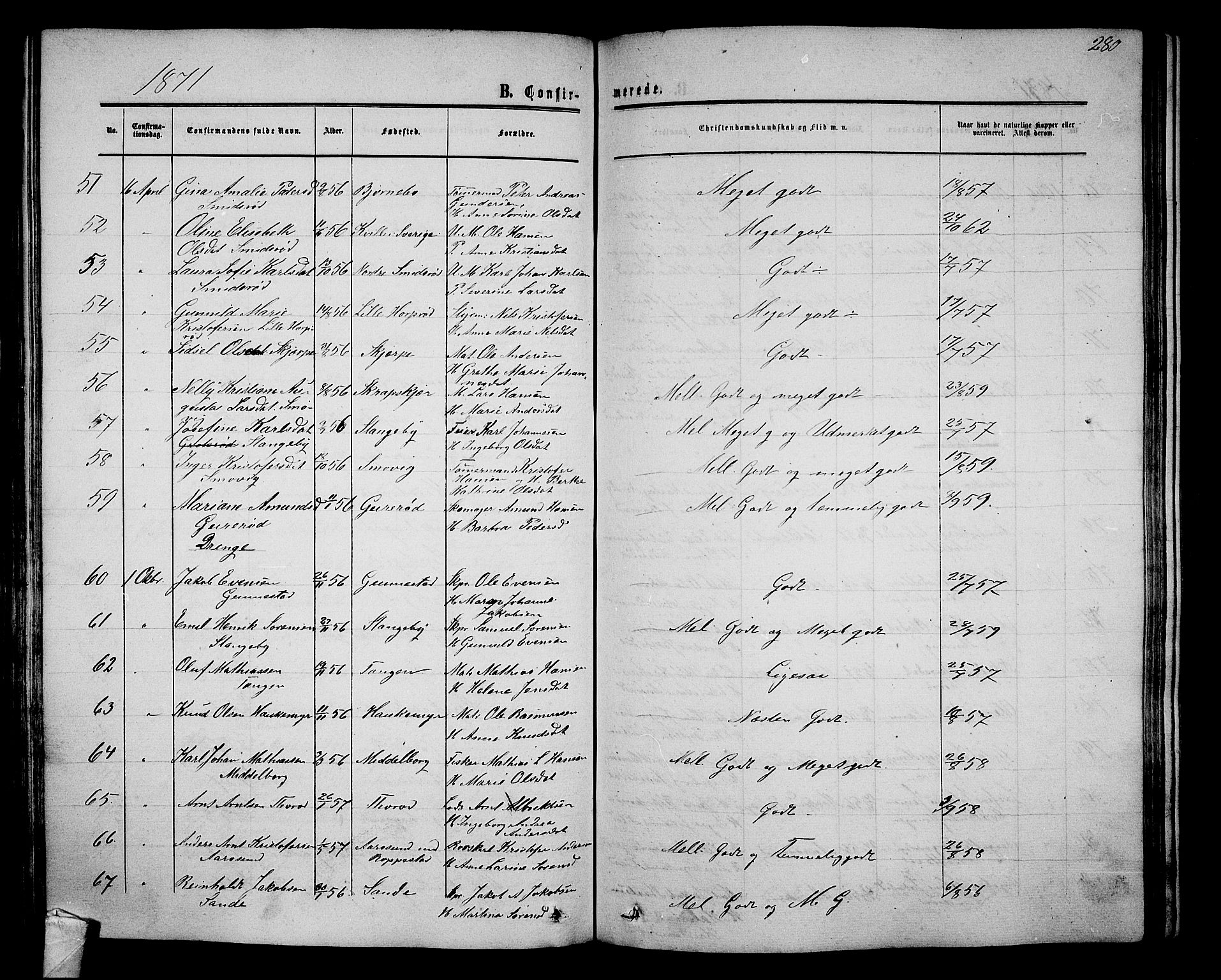 Nøtterøy kirkebøker, AV/SAKO-A-354/G/Ga/L0002: Parish register (copy) no. I 2, 1860-1877, p. 280