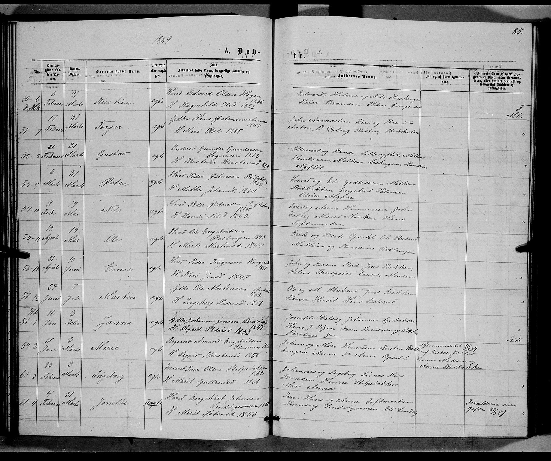 Ringebu prestekontor, SAH/PREST-082/H/Ha/Hab/L0006: Parish register (copy) no. 6, 1880-1898, p. 85