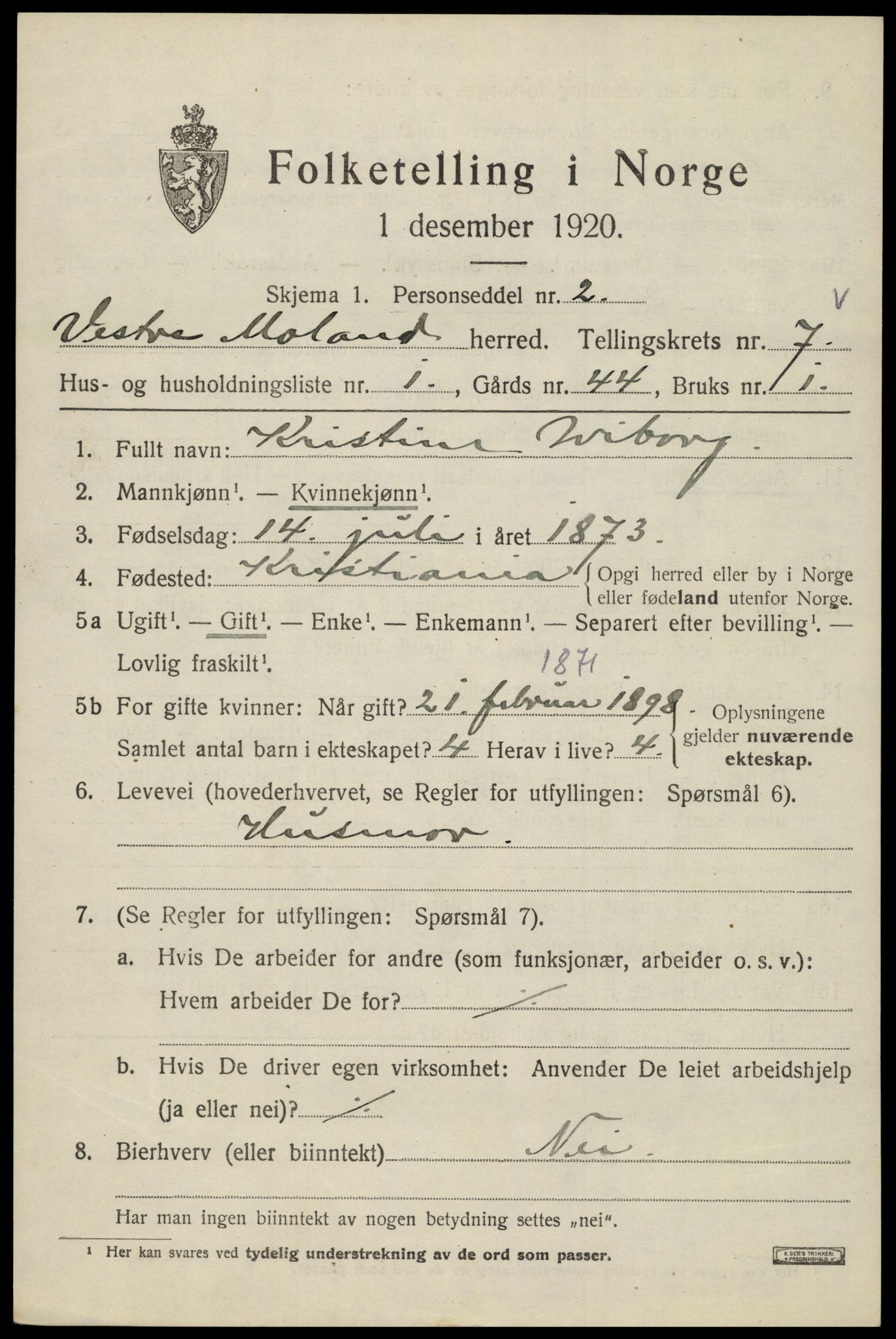 SAK, 1920 census for Vestre Moland, 1920, p. 4771