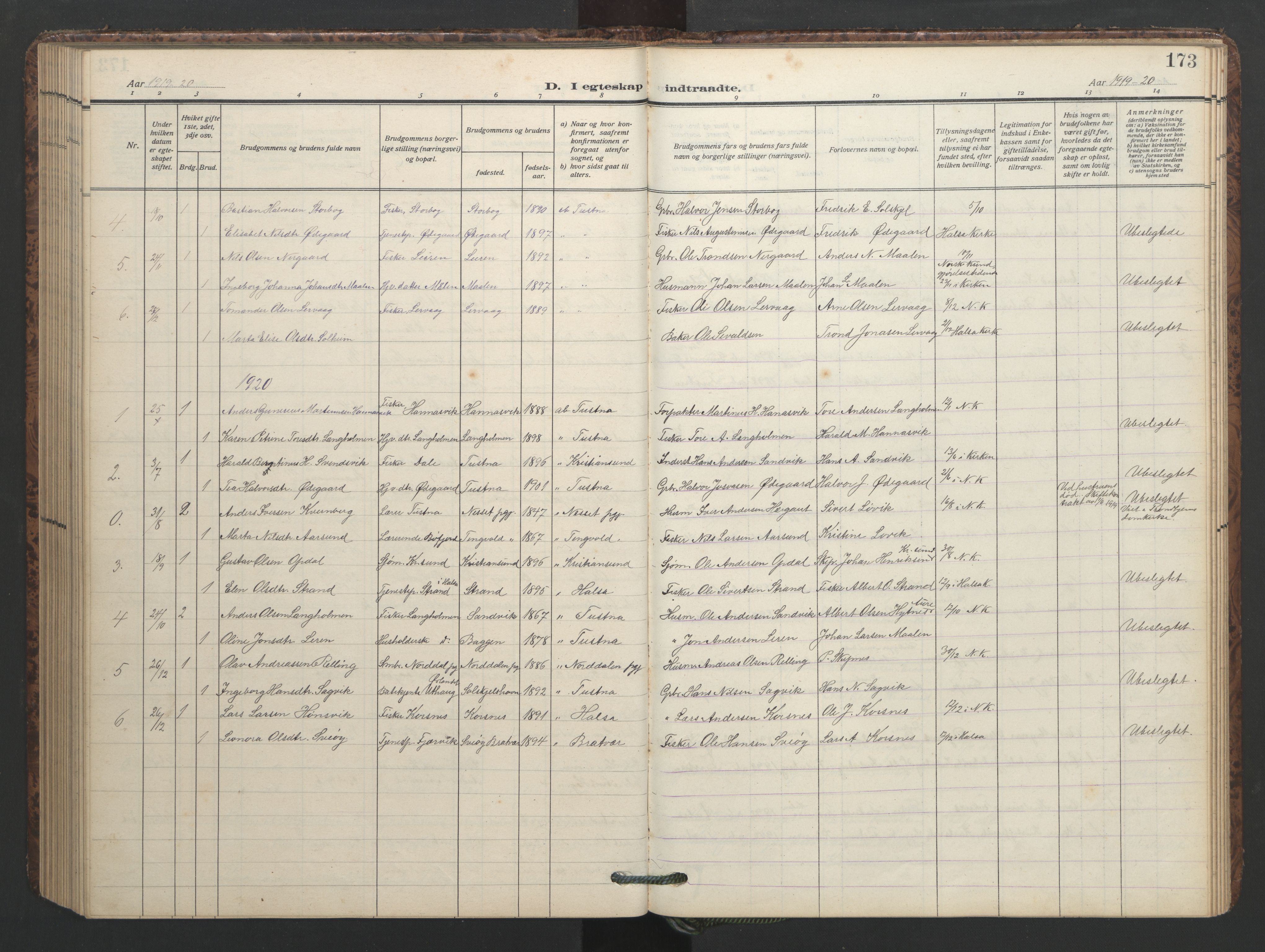 Ministerialprotokoller, klokkerbøker og fødselsregistre - Møre og Romsdal, AV/SAT-A-1454/577/L0897: Parish register (copy) no. 577C01, 1909-1946, p. 173