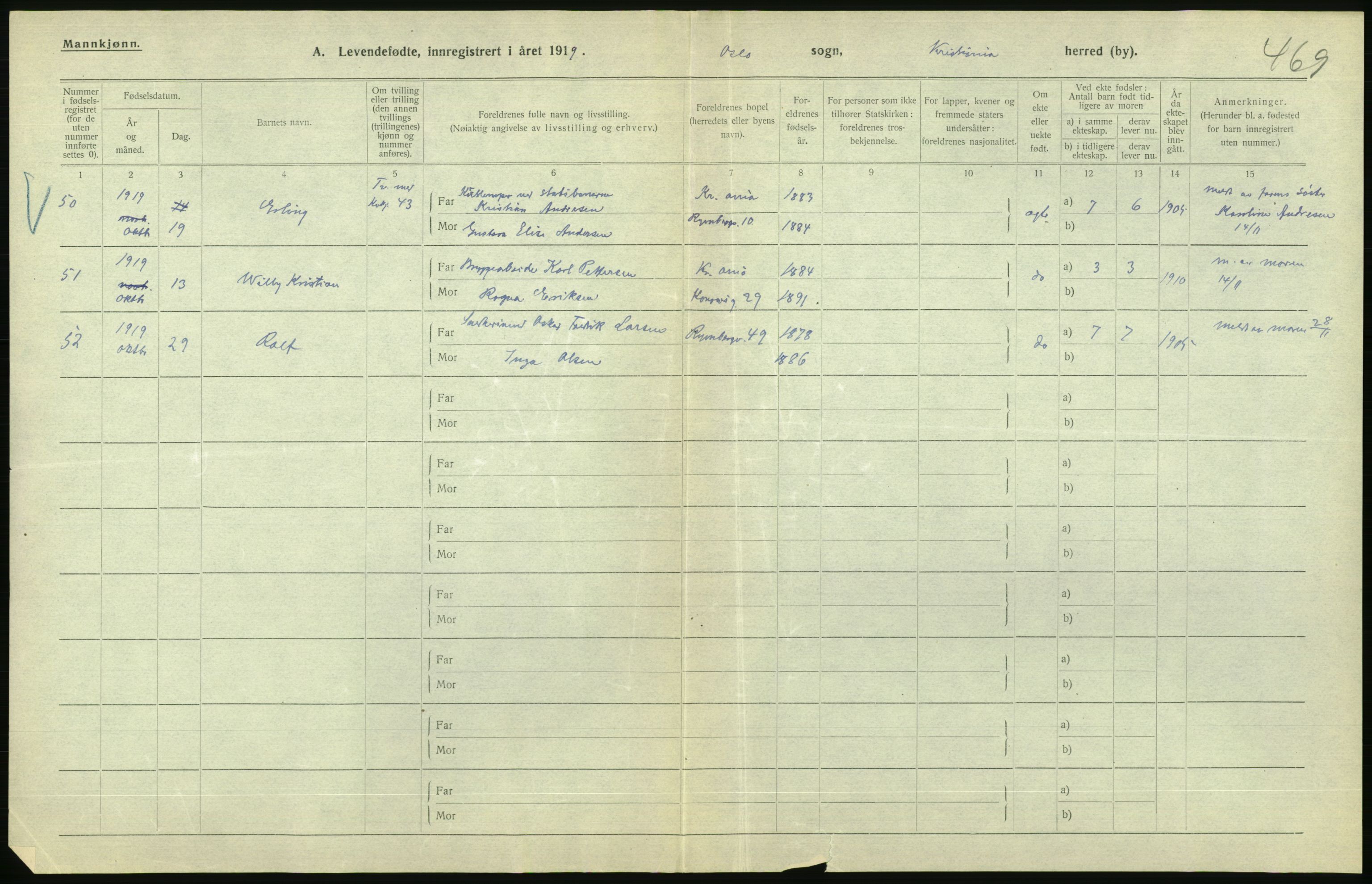 Statistisk sentralbyrå, Sosiodemografiske emner, Befolkning, AV/RA-S-2228/D/Df/Dfb/Dfbi/L0008: Kristiania: Levendefødte menn og kvinner., 1919