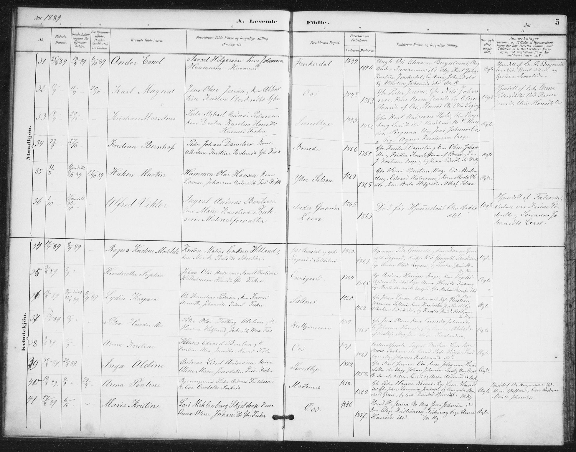 Ministerialprotokoller, klokkerbøker og fødselsregistre - Nordland, SAT/A-1459/847/L0682: Parish register (copy) no. 847C10, 1889-1907, p. 5