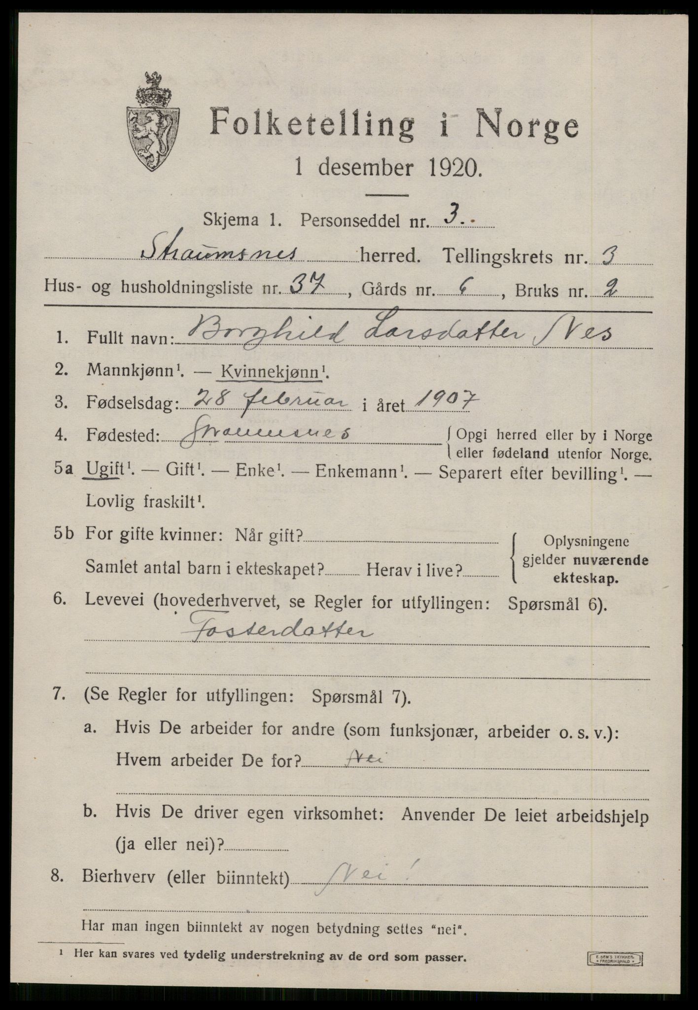 SAT, 1920 census for Straumsnes, 1920, p. 1531