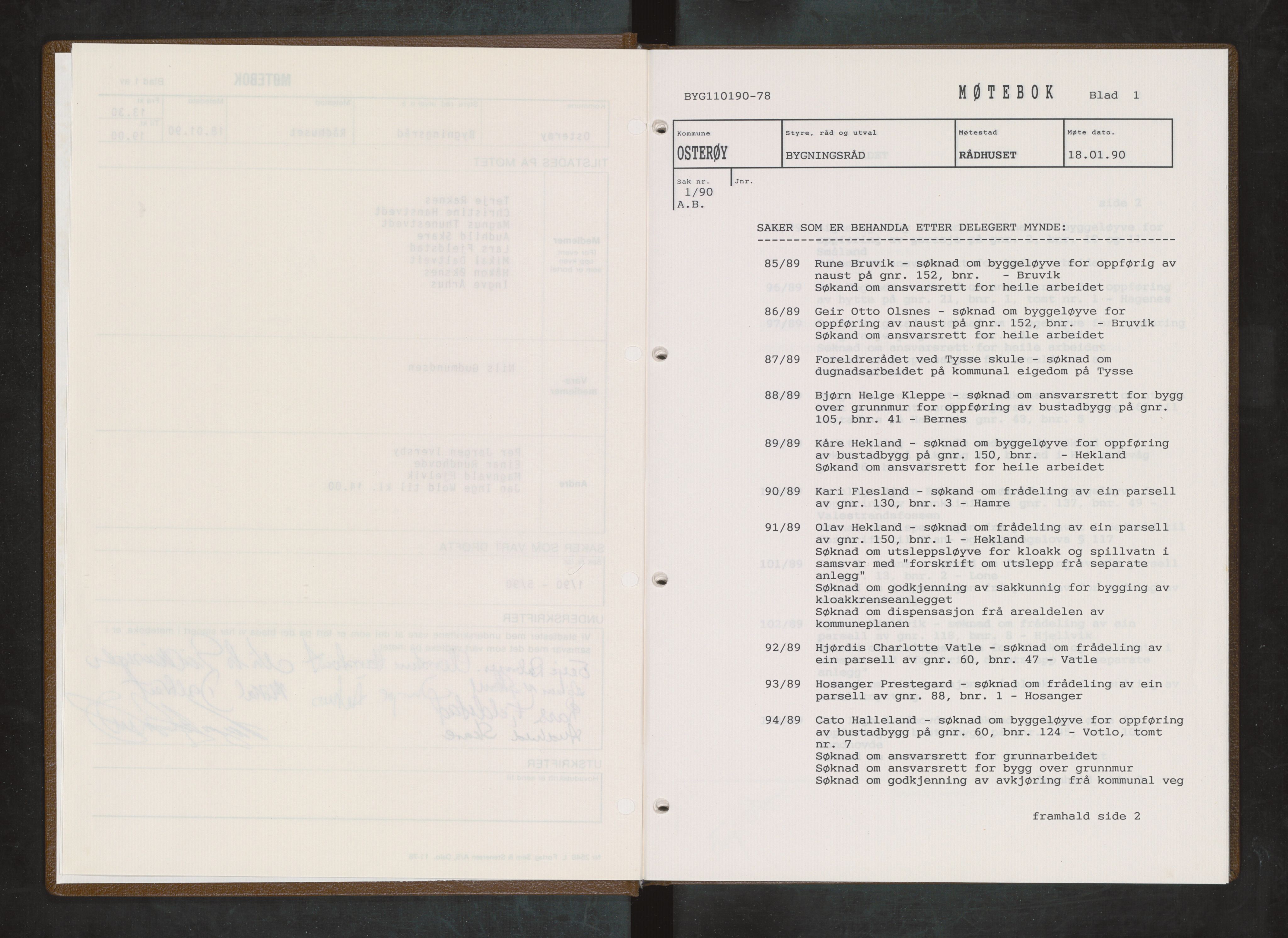 Osterøy kommune. Bygningsrådet, IKAH/1253b-511/A/Aa/L0024: Møtebok Osterøy bygningsråd, 1990