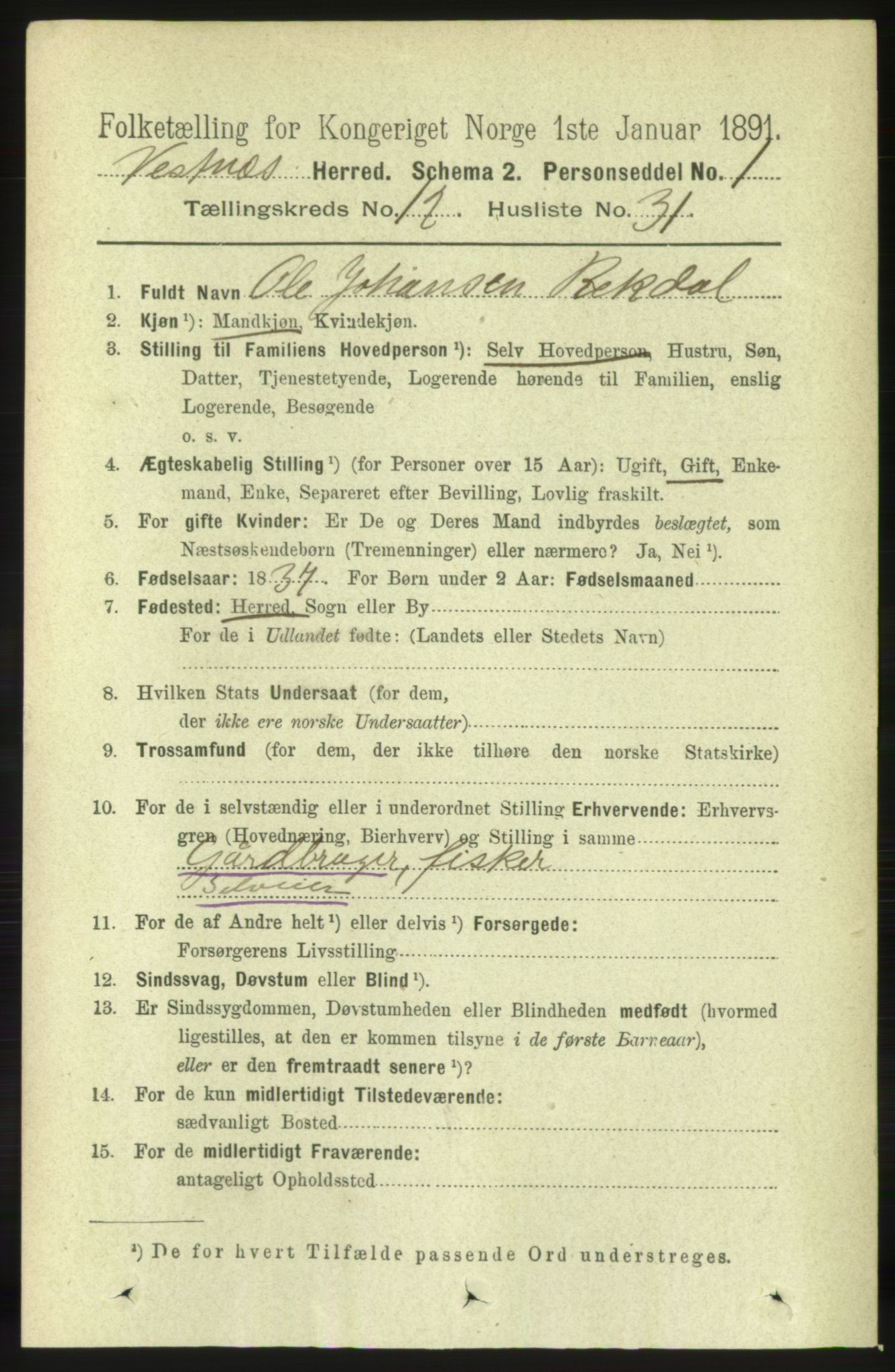 RA, 1891 census for 1535 Vestnes, 1891, p. 4587