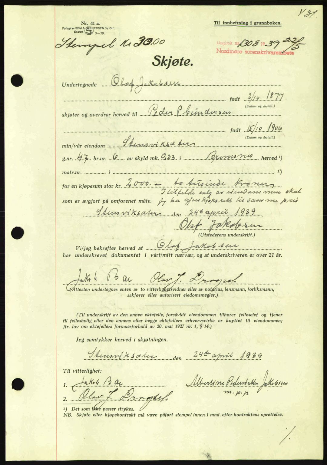 Nordmøre sorenskriveri, AV/SAT-A-4132/1/2/2Ca: Mortgage book no. A86, 1939-1939, Diary no: : 1308/1939