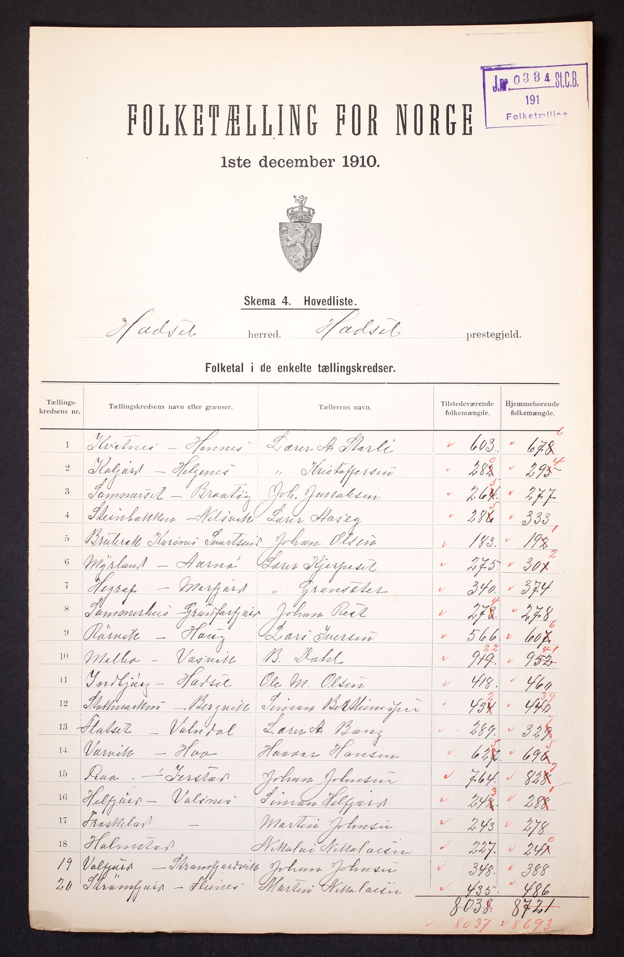 RA, 1910 census for Hadsel, 1910, p. 2