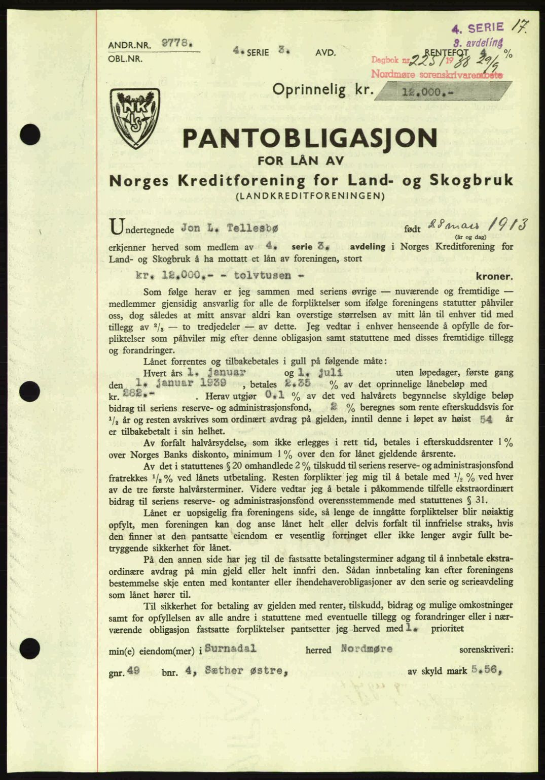 Nordmøre sorenskriveri, SAT/A-4132/1/2/2Ca: Mortgage book no. B84, 1938-1939, Diary no: : 2251/1938