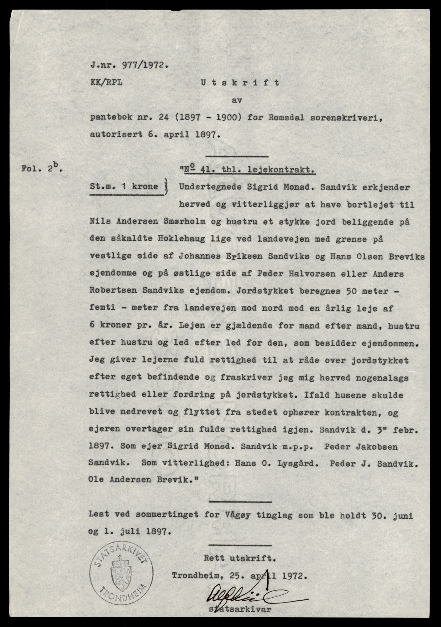 Statsarkivet i Trondheim, AV/SAT-A-4183/J/Jd/L0025: Pantebok 24, 1897-1900