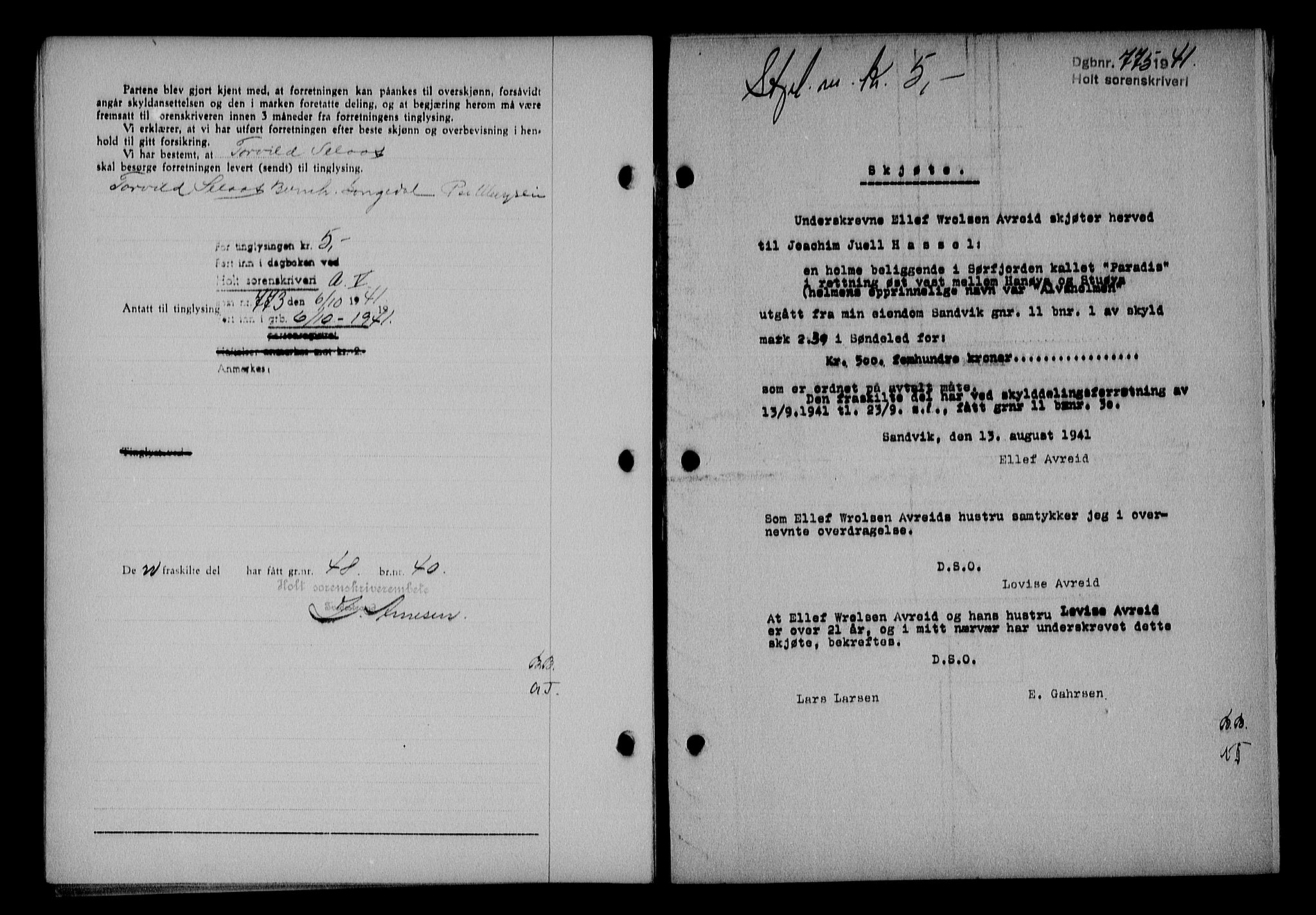 Holt sorenskriveri, AV/SAK-1221-0002/G/Gba/L0050: Mortgage book no. A-V, 1940-1942, Diary no: : 775/1941