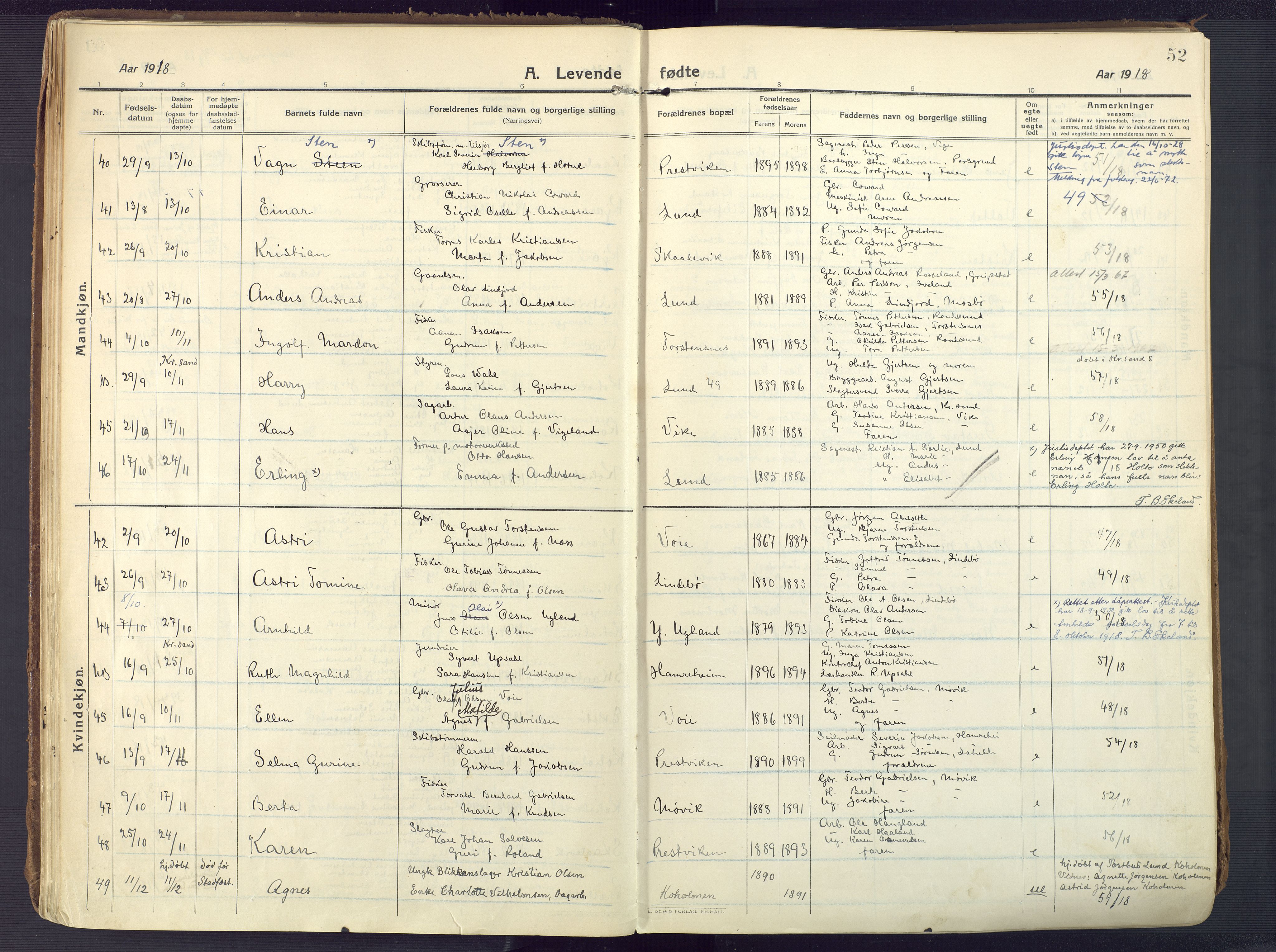 Oddernes sokneprestkontor, AV/SAK-1111-0033/F/Fa/Faa/L0012: Parish register (official) no. A 12, 1912-1925, p. 52