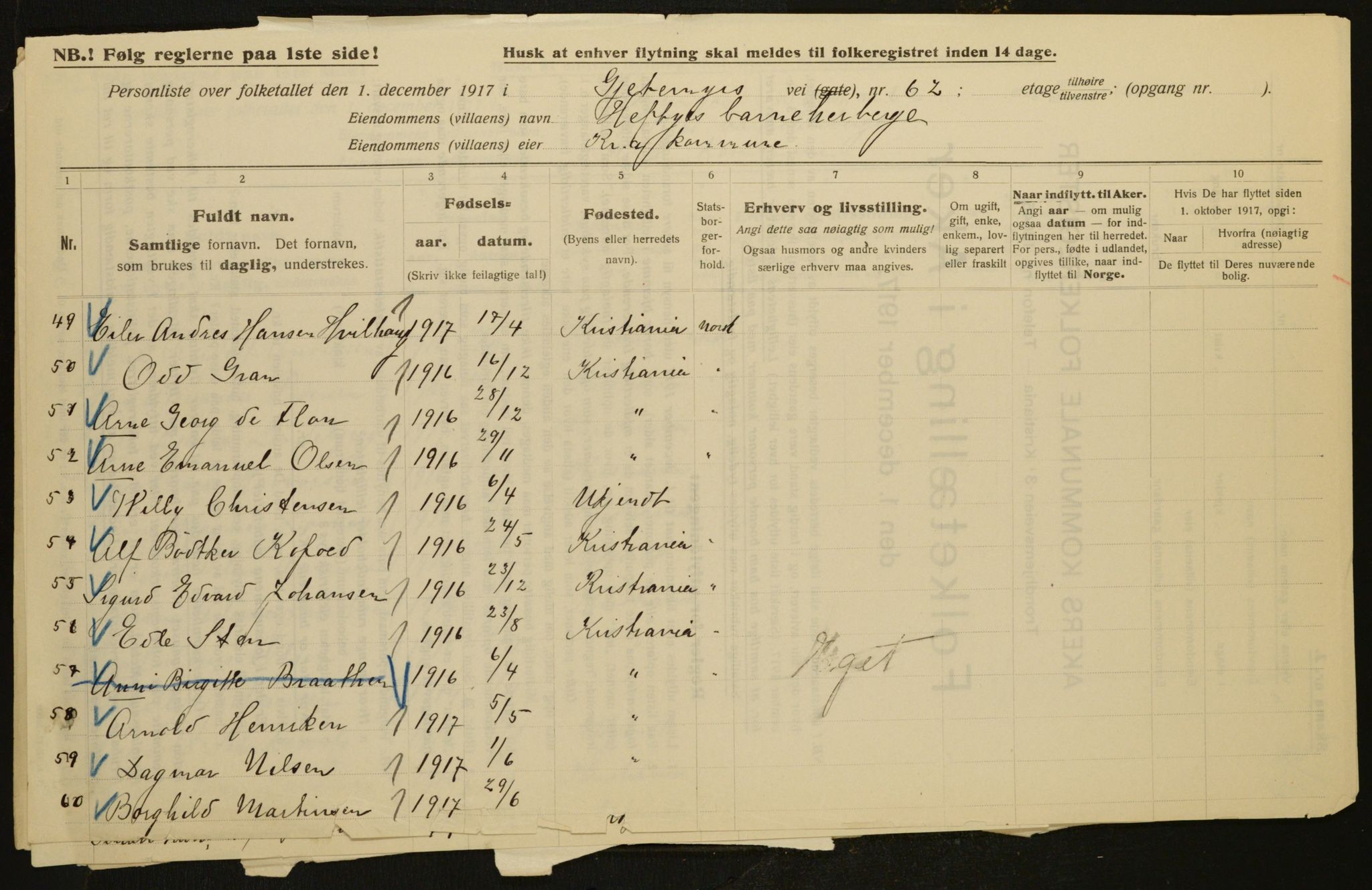 OBA, Municipal Census 1917 for Aker, 1917, p. 11025