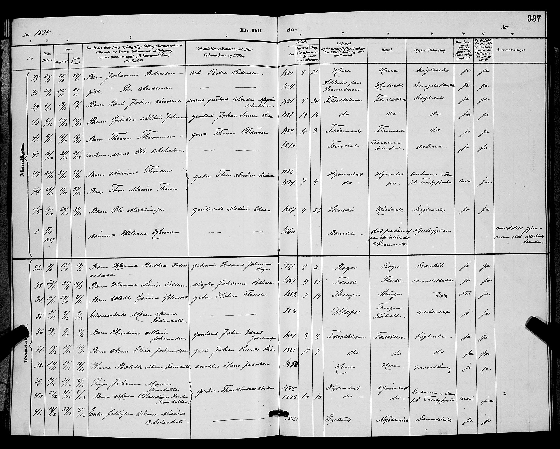 Bamble kirkebøker, AV/SAKO-A-253/G/Ga/L0009: Parish register (copy) no. I 9, 1888-1900, p. 337