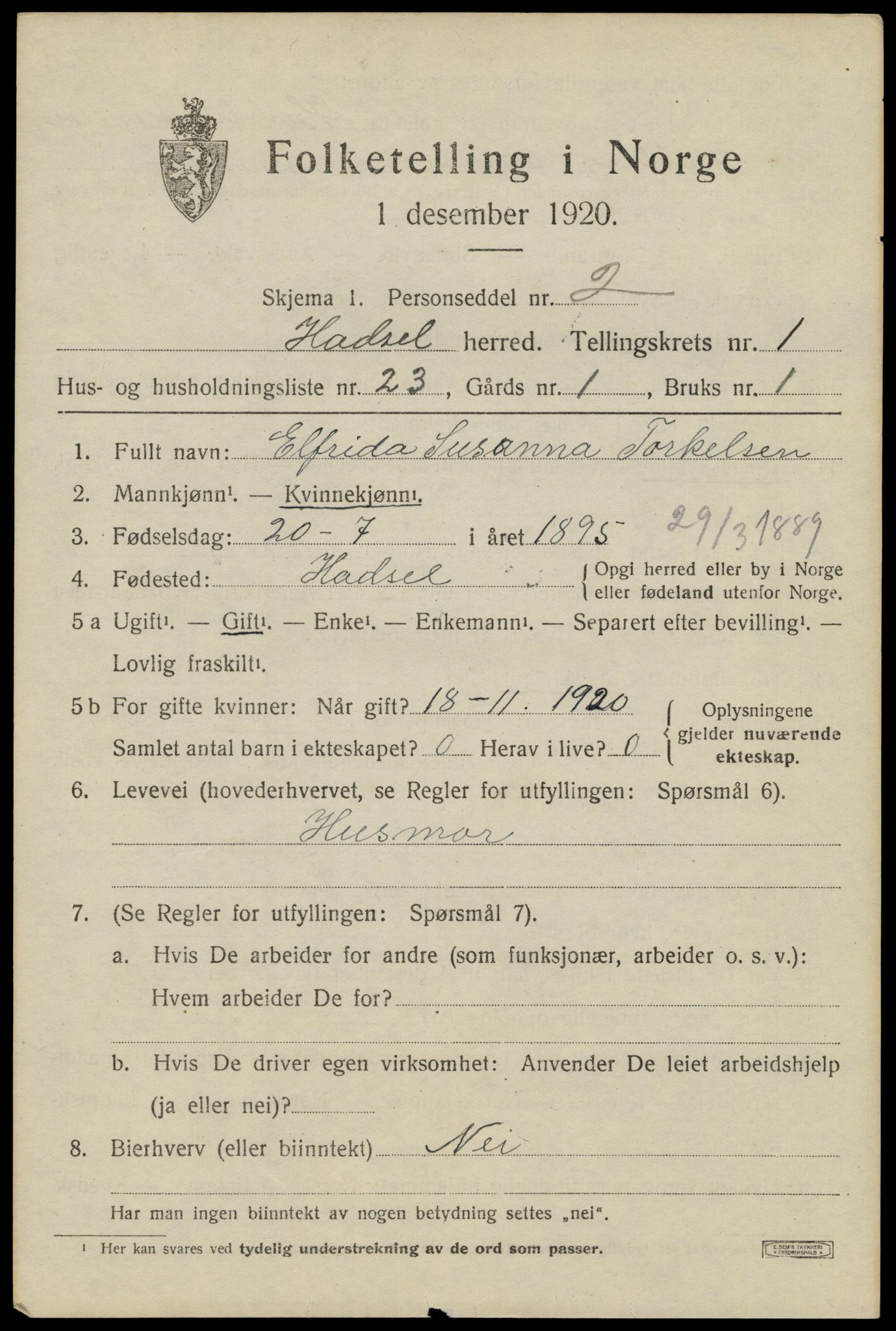 SAT, 1920 census for Hadsel, 1920, p. 3660