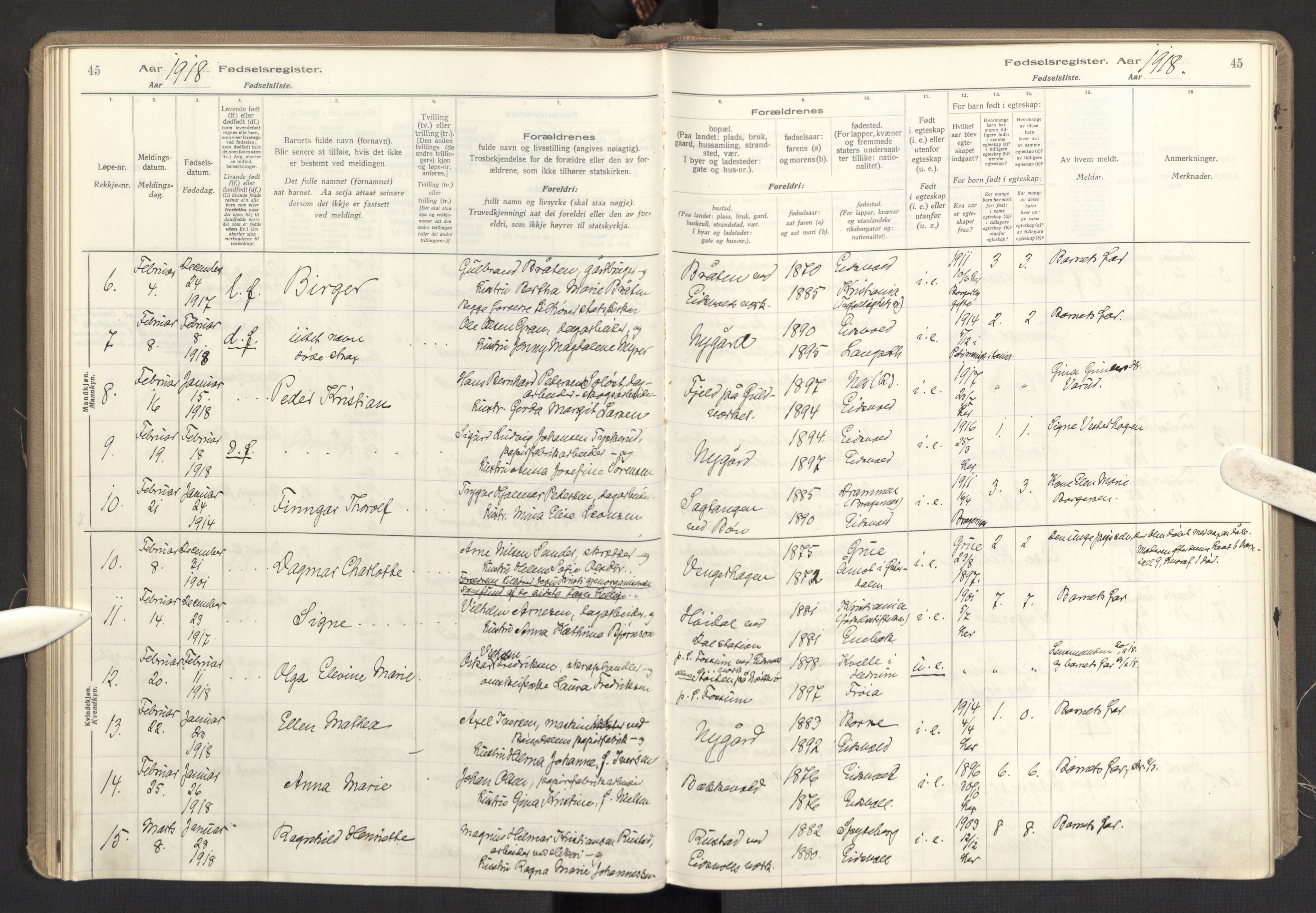 Eidsvoll prestekontor Kirkebøker, SAO/A-10888: Birth register no. I 1, 1916-1924, p. 45