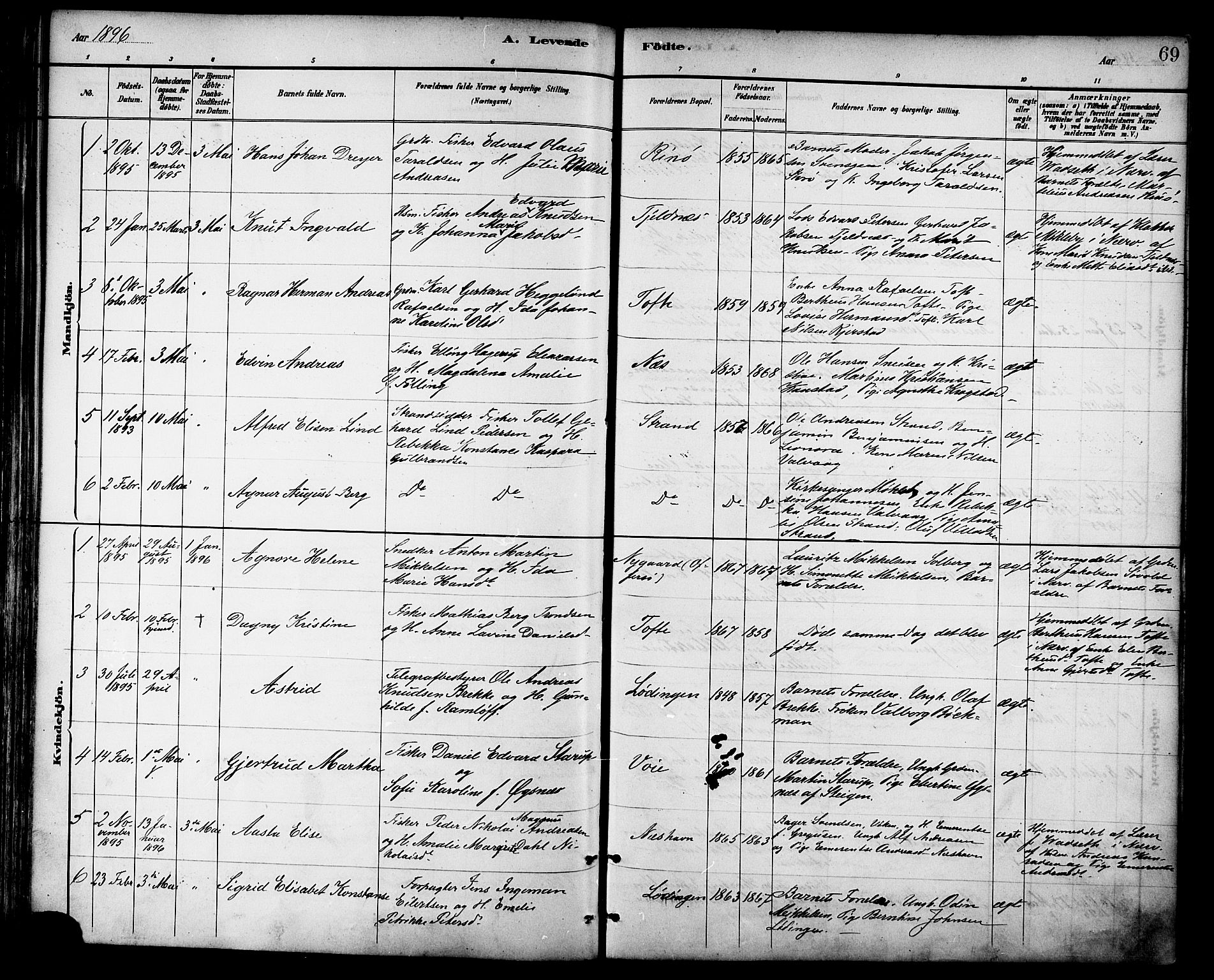 Ministerialprotokoller, klokkerbøker og fødselsregistre - Nordland, SAT/A-1459/872/L1035: Parish register (official) no. 872A10, 1884-1896, p. 69