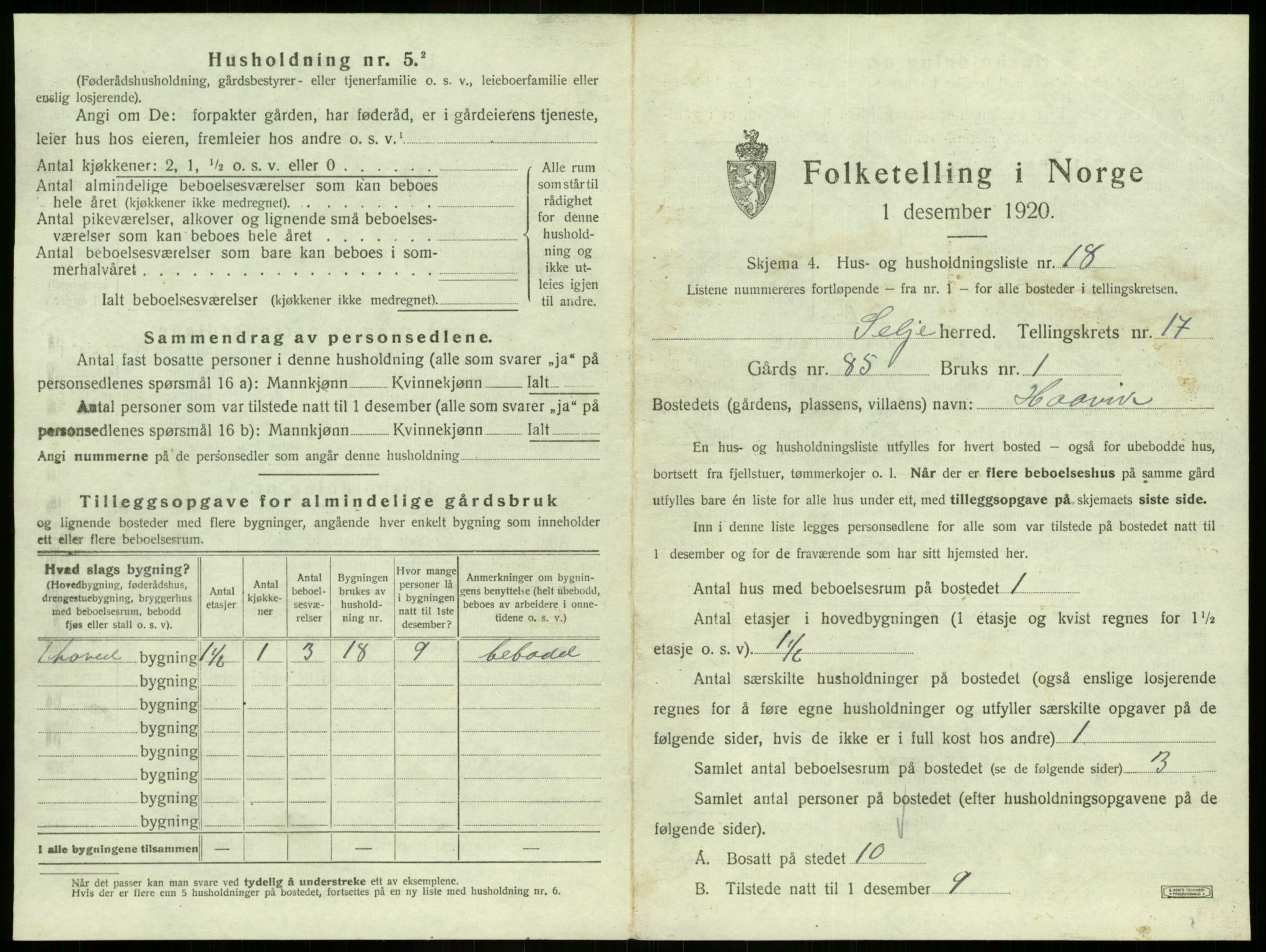 SAB, 1920 census for Selje, 1920, p. 1065