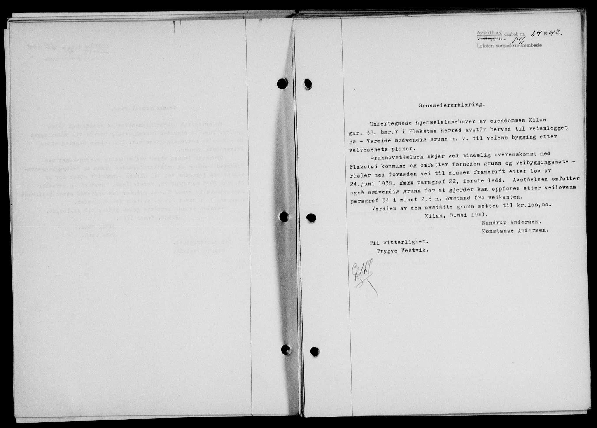 Lofoten sorenskriveri, SAT/A-0017/1/2/2C/L0009a: Mortgage book no. 9a, 1941-1942, Diary no: : 64/1942