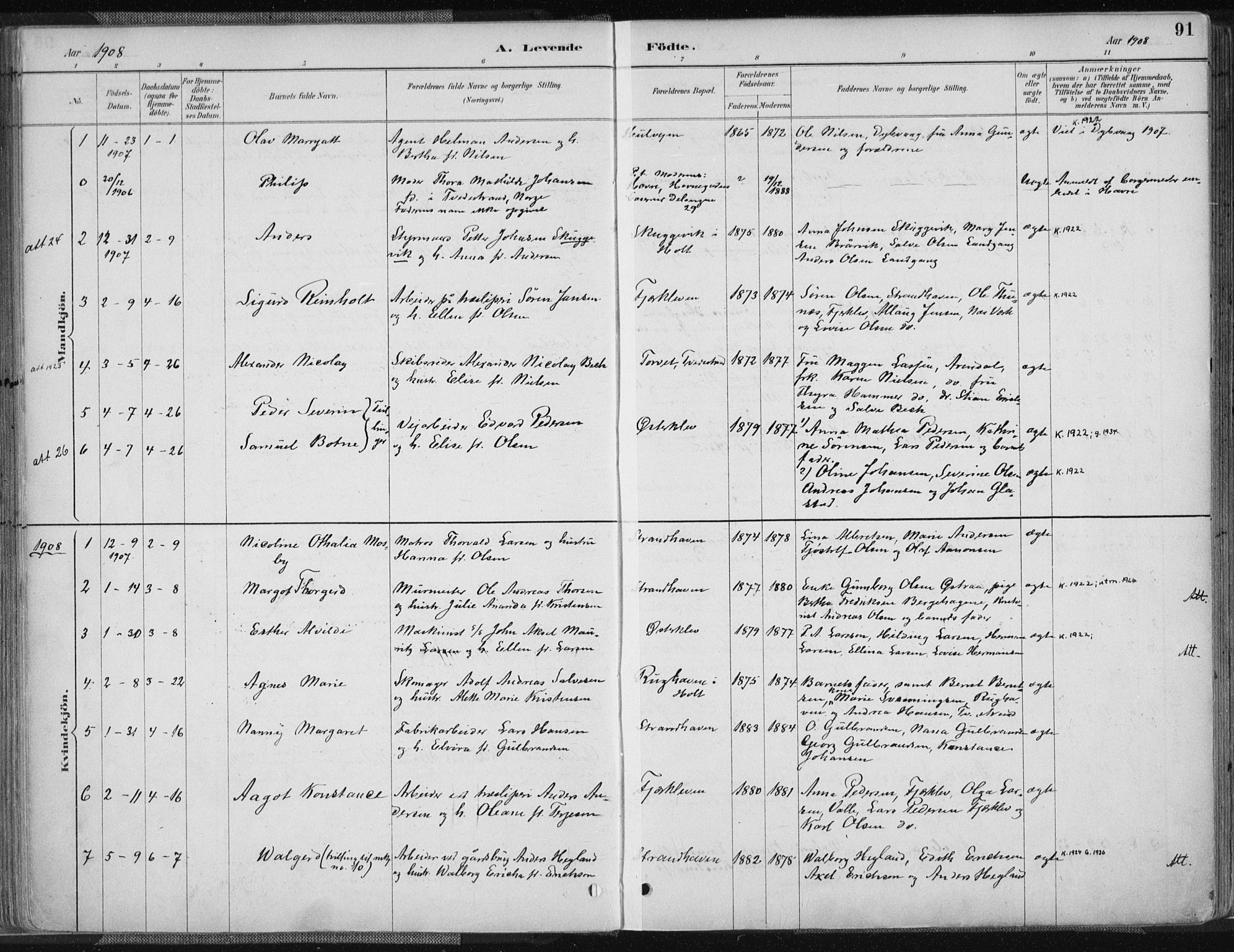 Tvedestrand sokneprestkontor, SAK/1111-0042/F/Fa/L0001: Parish register (official) no. A 1, 1885-1916, p. 91