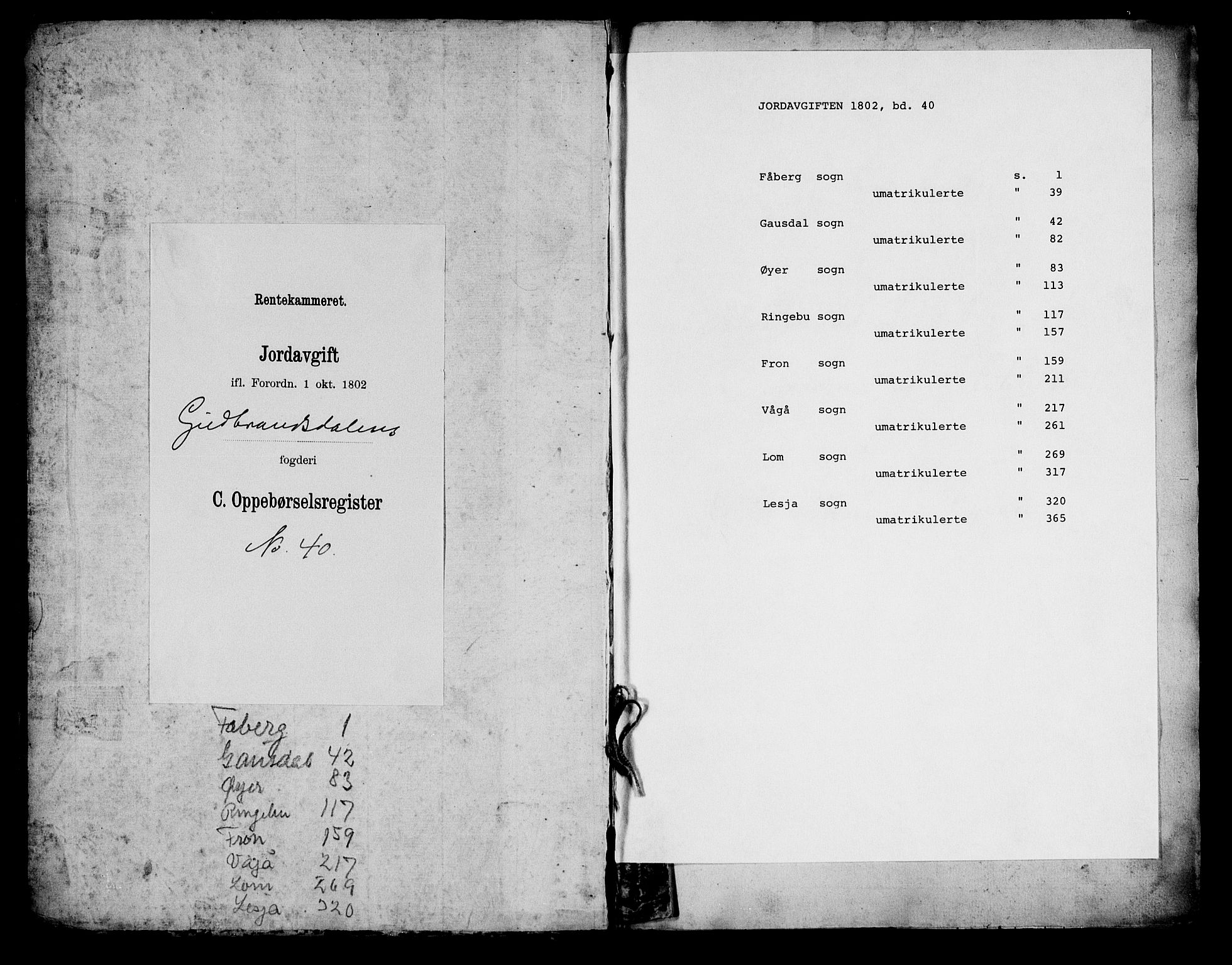 Rentekammeret inntil 1814, Realistisk ordnet avdeling, AV/RA-EA-4070/N/Ne/Nea/L0040: Gudbrandsdalen fogderi. Oppebørselsregister, 1803-1804, p. 1