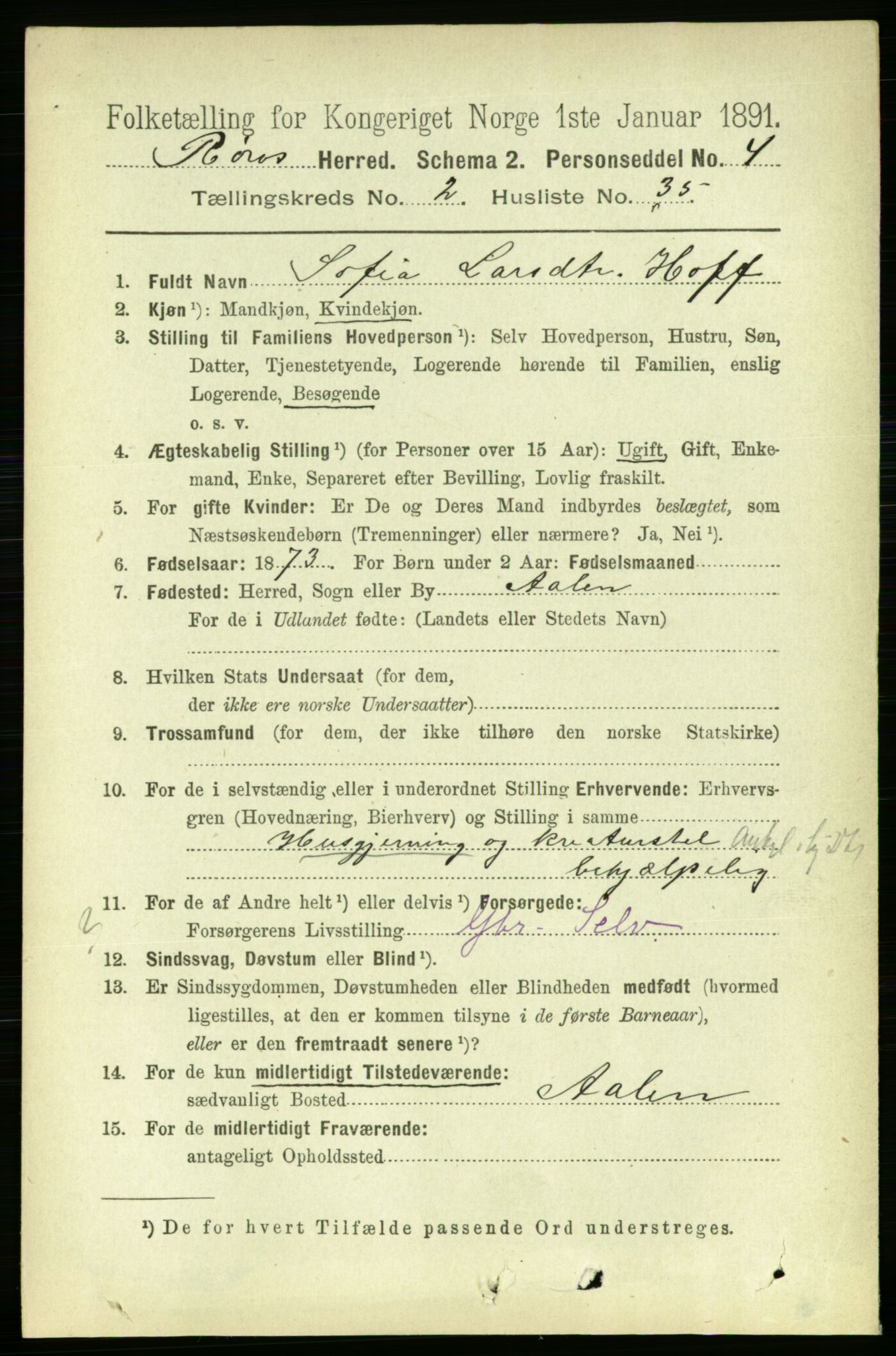 RA, 1891 census for 1640 Røros, 1891, p. 486