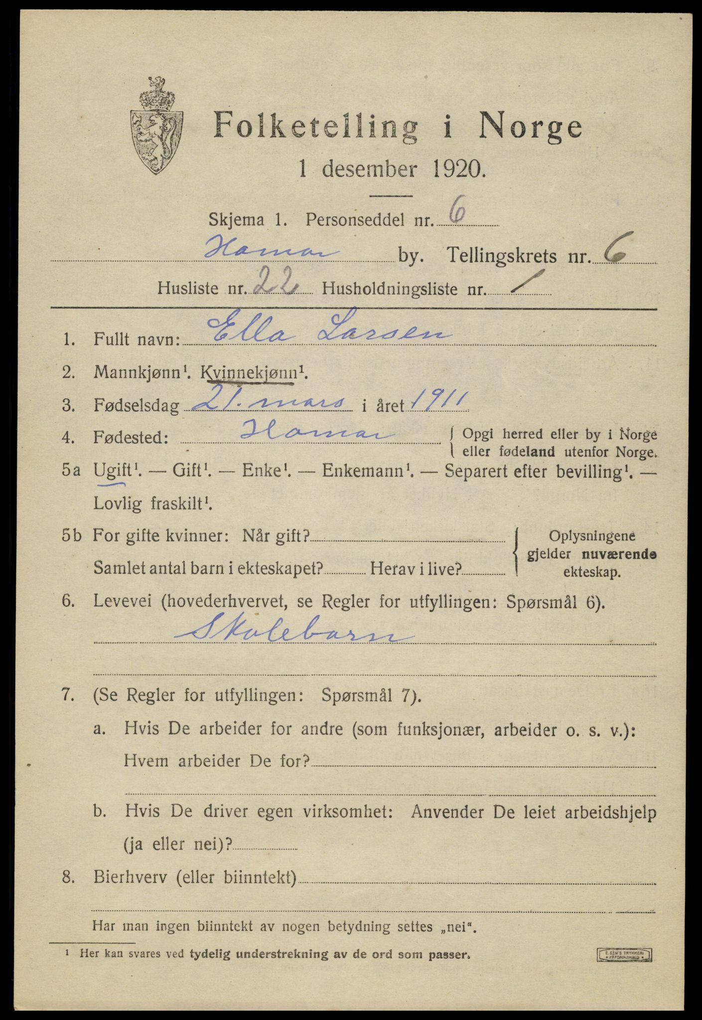 SAH, 1920 census for Hamar, 1920, p. 11549