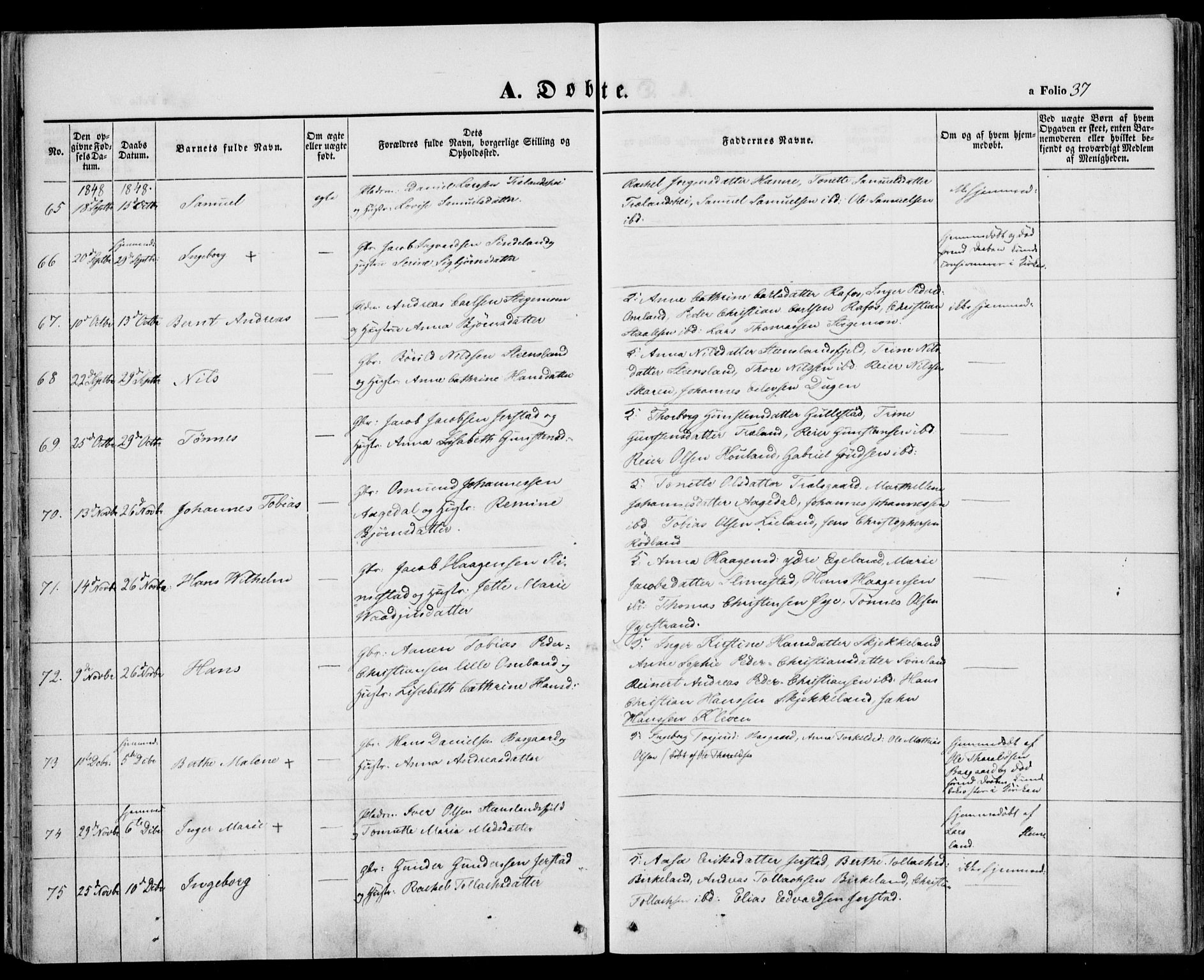 Kvinesdal sokneprestkontor, AV/SAK-1111-0026/F/Fa/Fab/L0005: Parish register (official) no. A 5, 1844-1857, p. 37