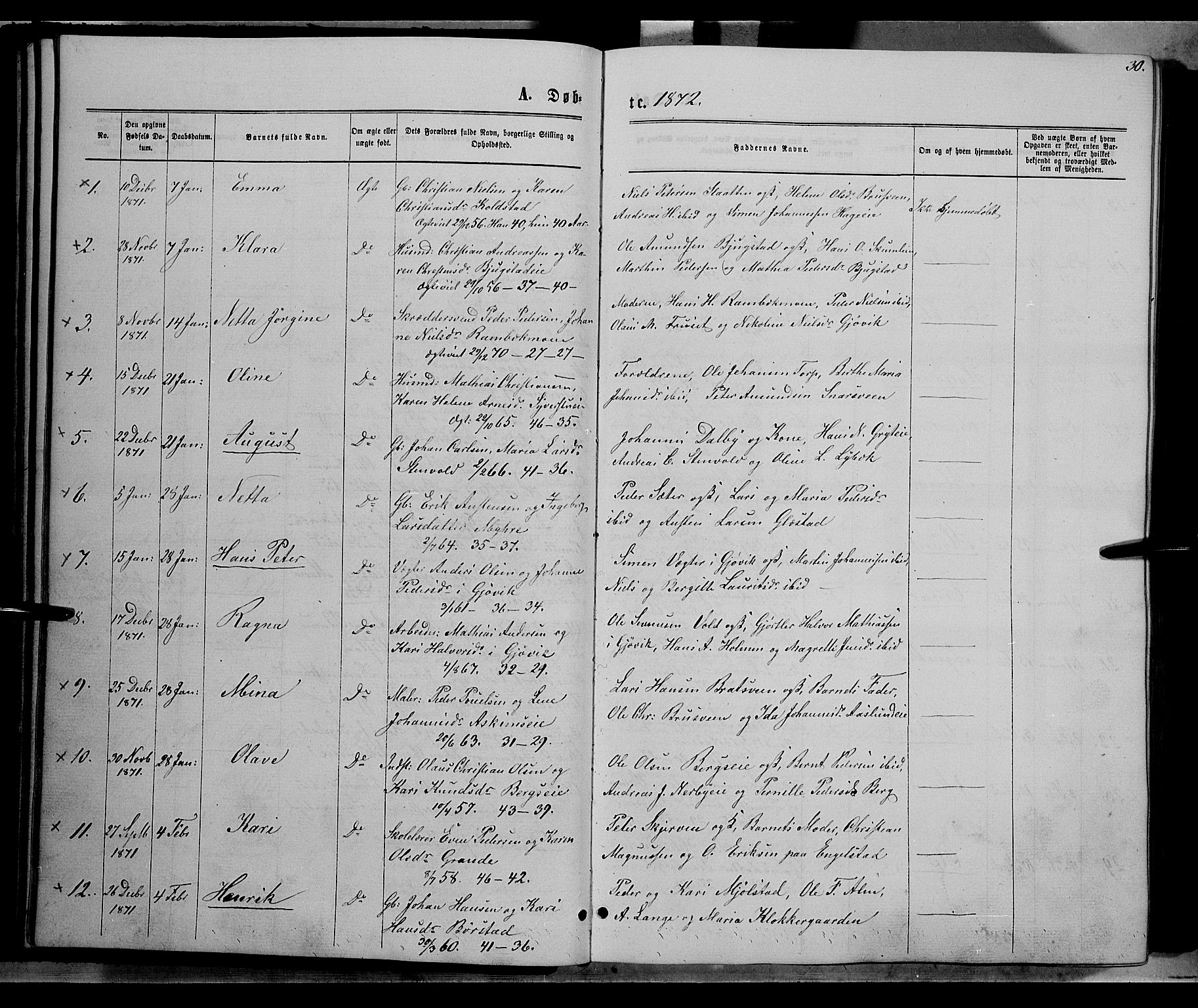 Vardal prestekontor, SAH/PREST-100/H/Ha/Hab/L0006: Parish register (copy) no. 6, 1869-1881, p. 30