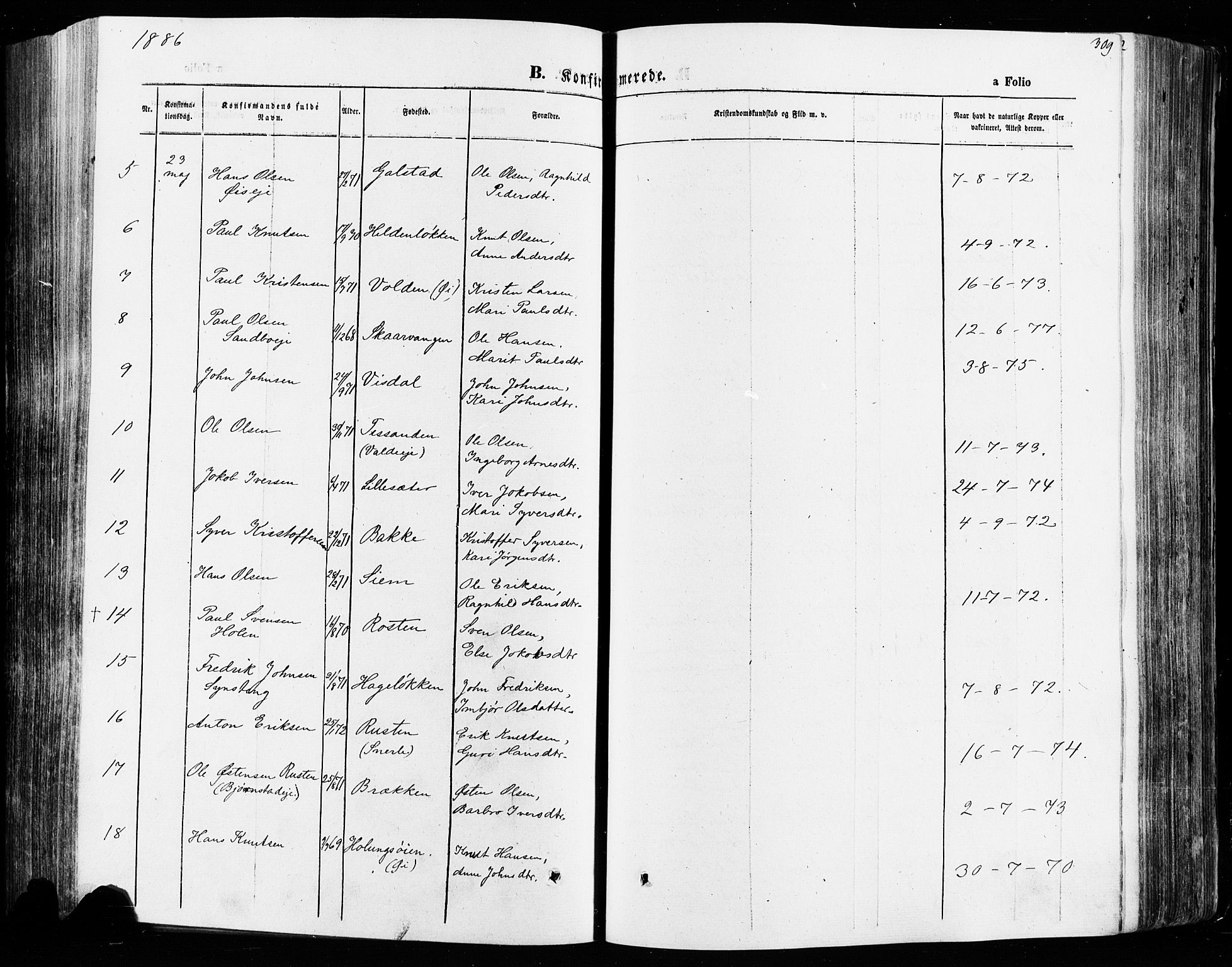 Vågå prestekontor, AV/SAH-PREST-076/H/Ha/Haa/L0007: Parish register (official) no. 7 /1, 1872-1886, p. 309