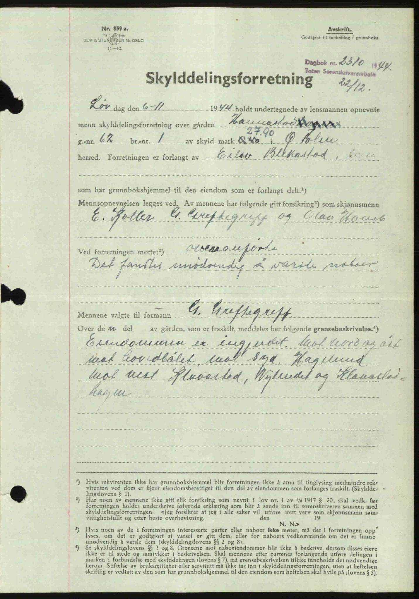 Toten tingrett, AV/SAH-TING-006/H/Hb/Hbc/L0012: Mortgage book no. Hbc-12, 1944-1944, Diary no: : 2310/1944