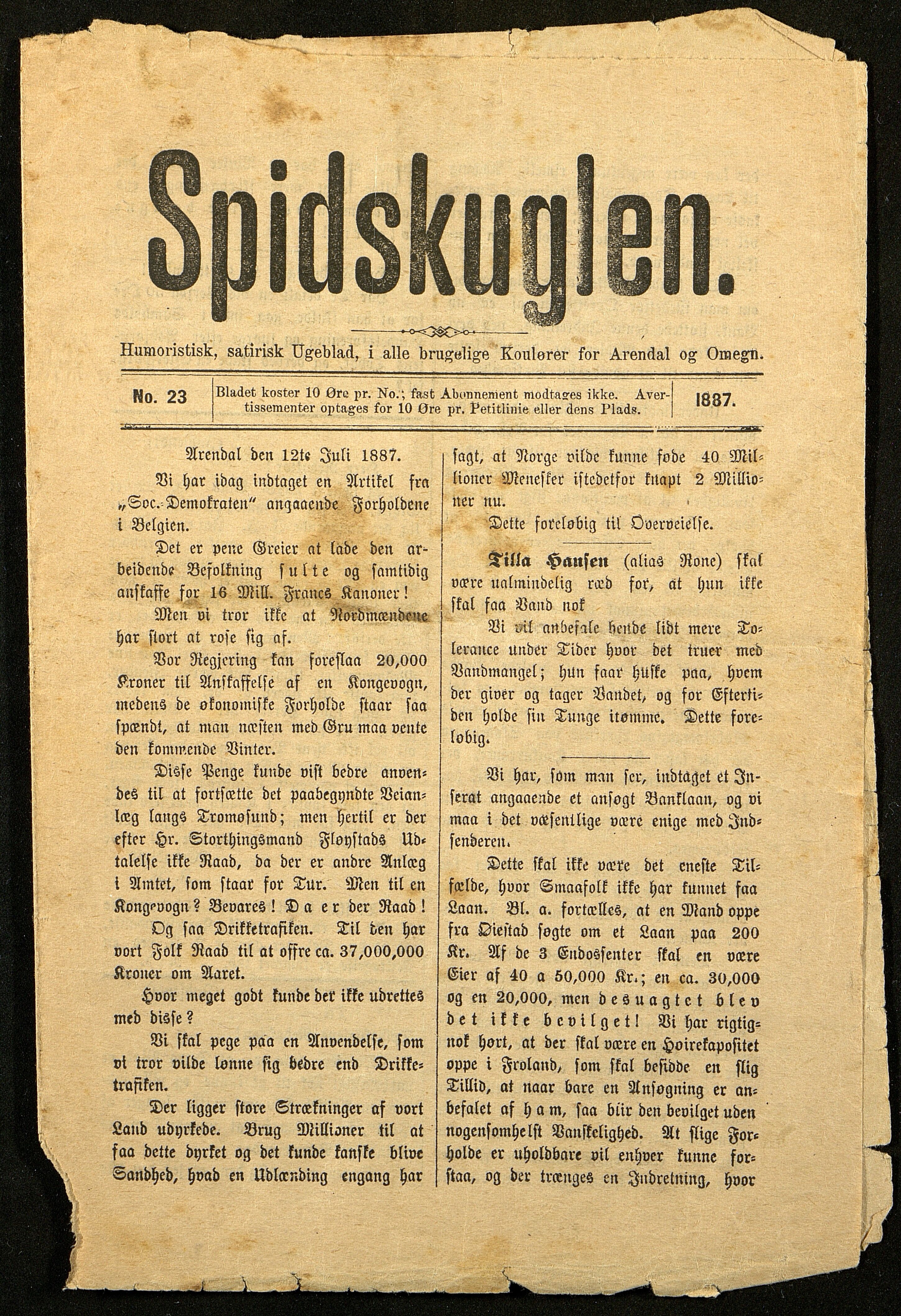 Spidskuglen, AAKS/PA-2823/X/L0001/0001: Spidskuglen / Årg. 1887, nr. 1–2, 4–23, 25–36, 1887