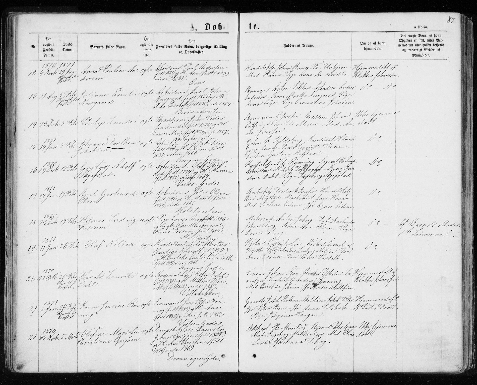 Ministerialprotokoller, klokkerbøker og fødselsregistre - Sør-Trøndelag, SAT/A-1456/601/L0054: Parish register (official) no. 601A22, 1866-1877, p. 87