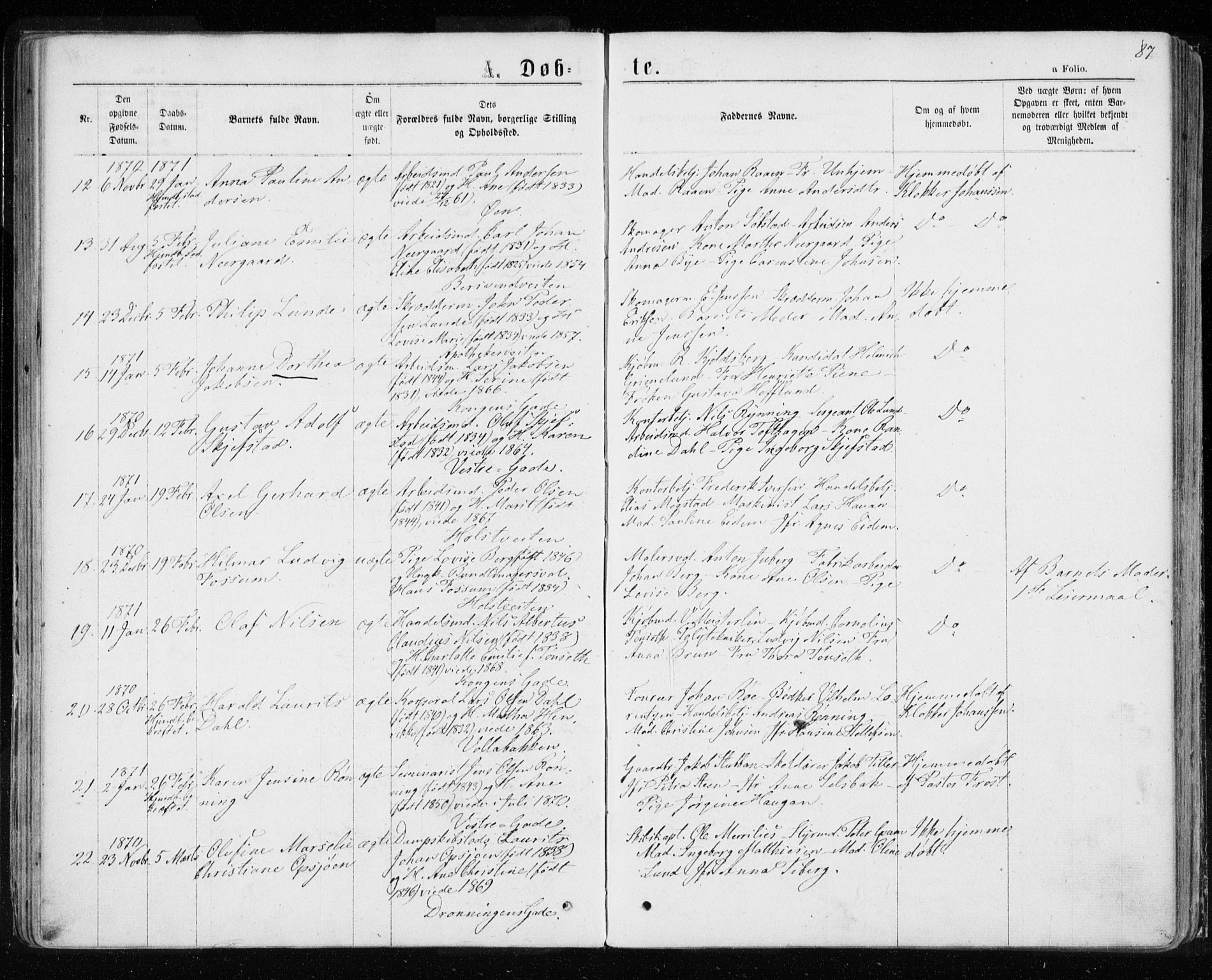 Ministerialprotokoller, klokkerbøker og fødselsregistre - Sør-Trøndelag, AV/SAT-A-1456/601/L0054: Parish register (official) no. 601A22, 1866-1877, p. 87